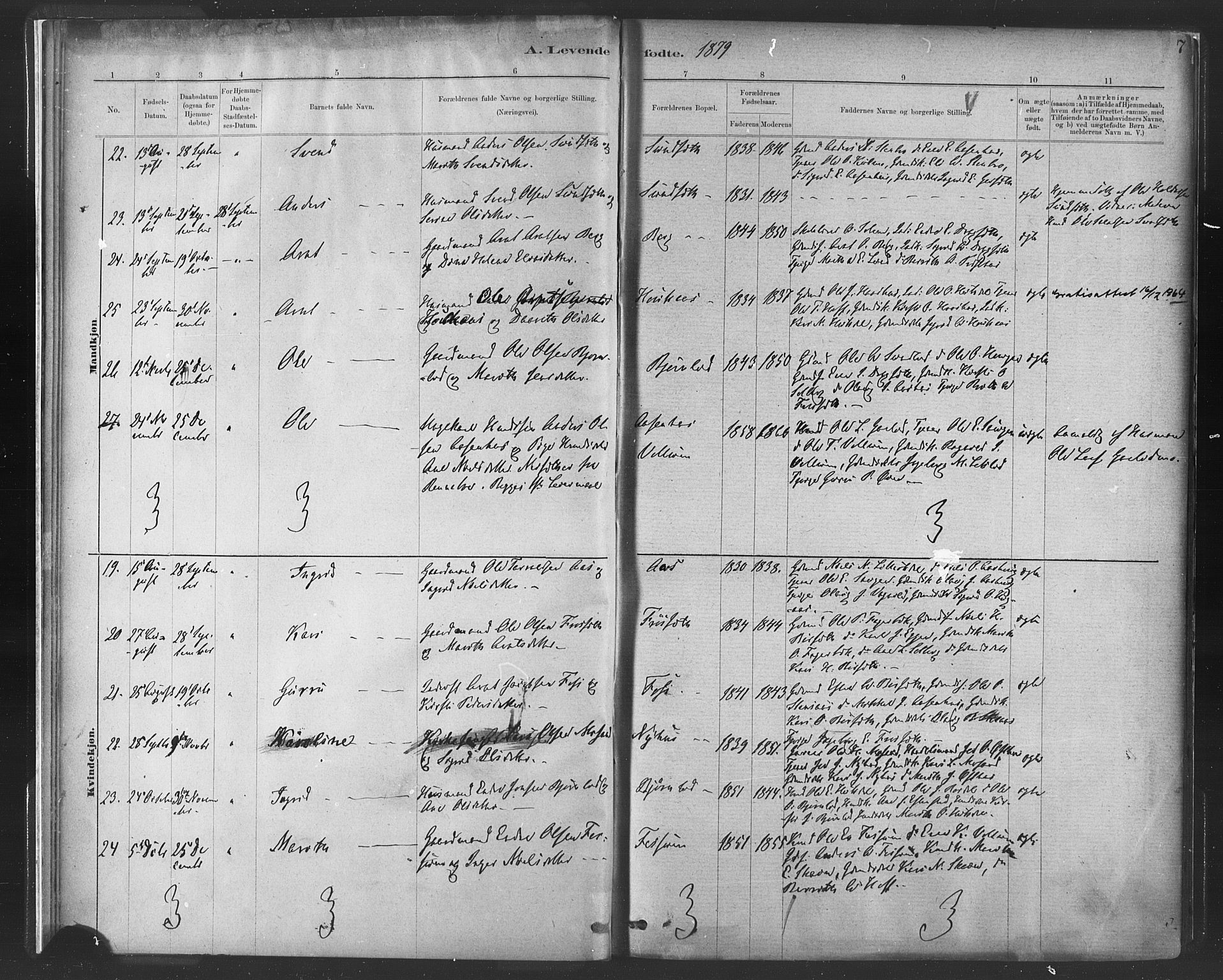 Ministerialprotokoller, klokkerbøker og fødselsregistre - Sør-Trøndelag, SAT/A-1456/689/L1040: Parish register (official) no. 689A05, 1878-1890, p. 7
