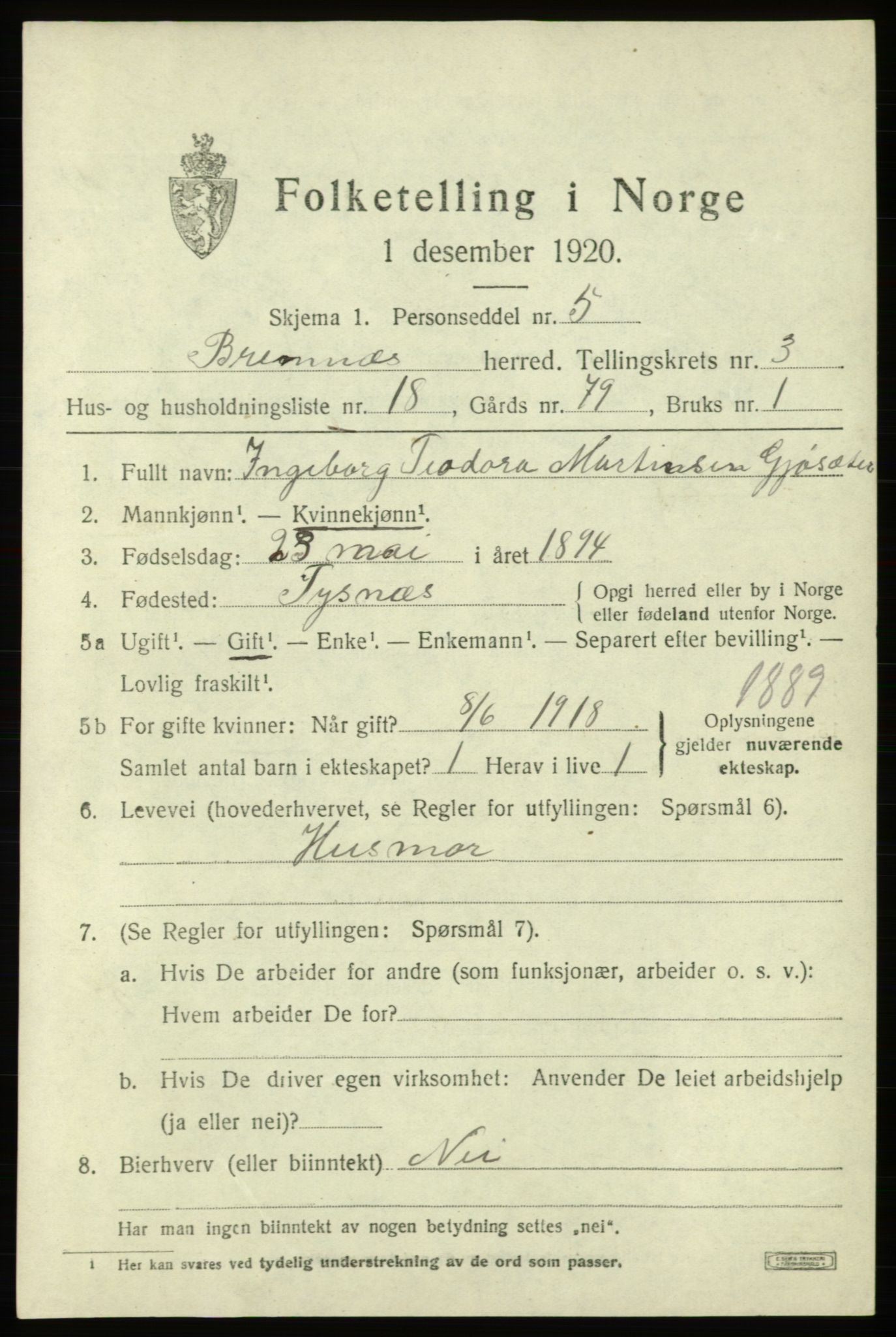 SAB, 1920 census for Bremnes, 1920, p. 1784