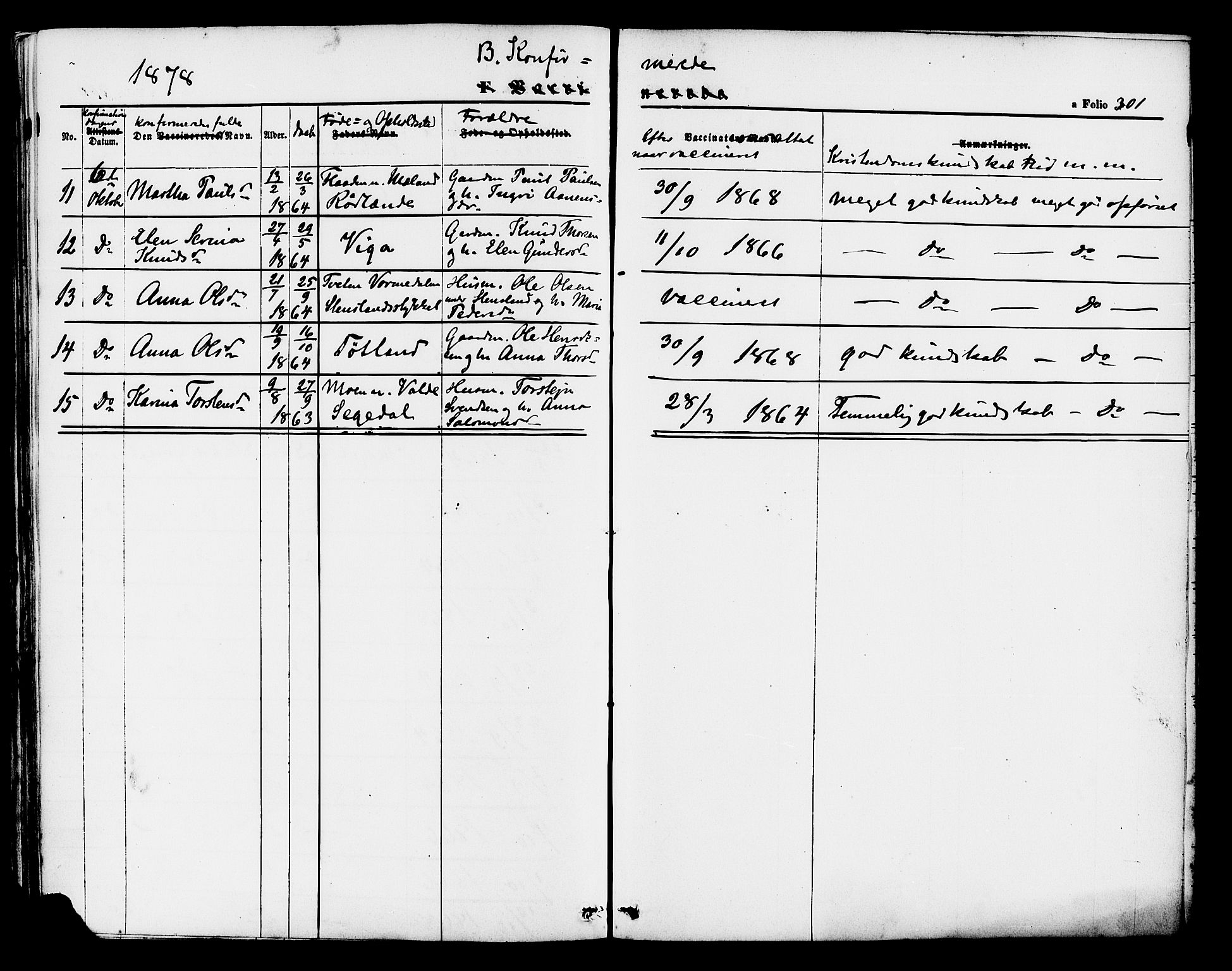 Hjelmeland sokneprestkontor, SAST/A-101843/01/IV/L0011: Parish register (official) no. A 11, 1861-1878, p. 301
