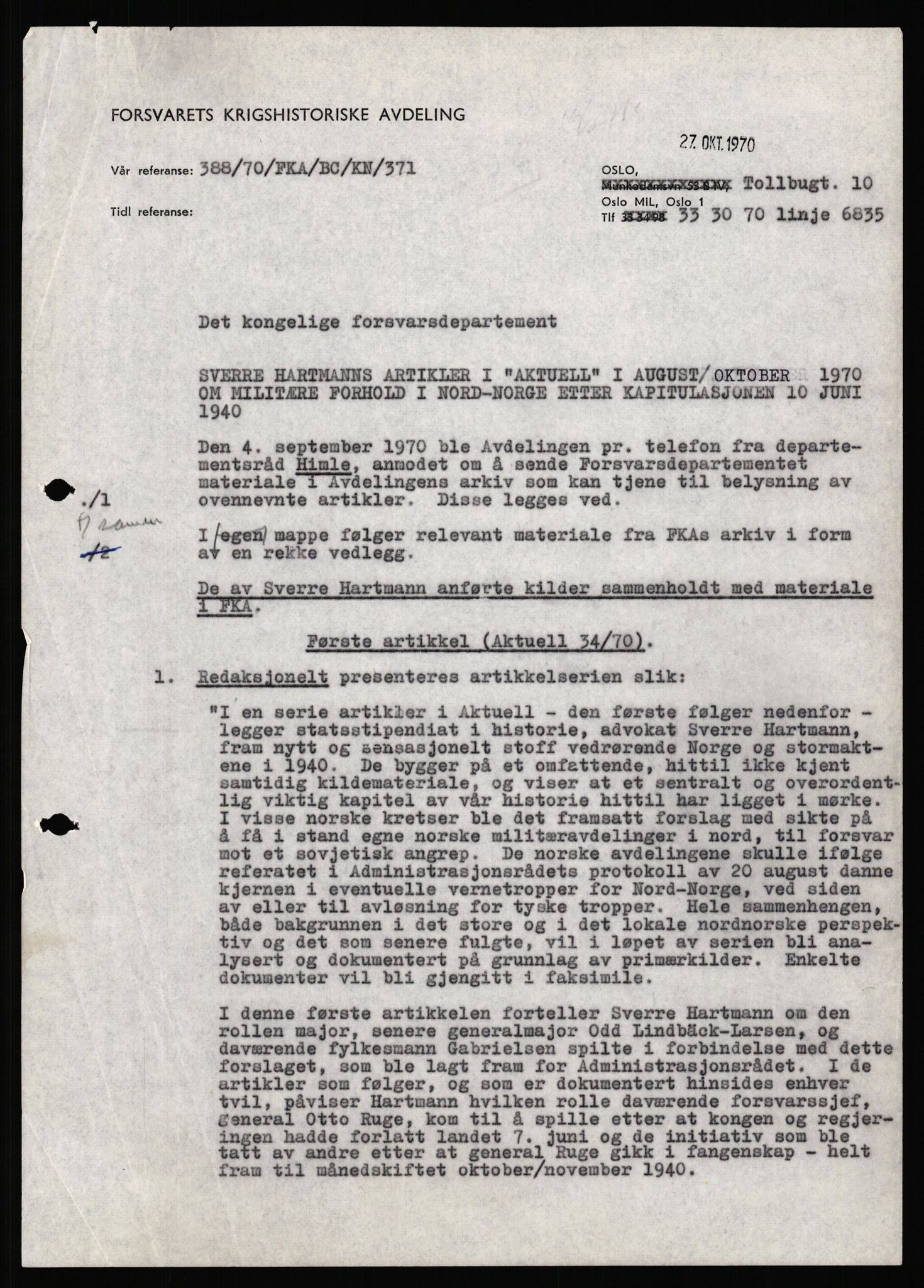 Forsvaret, Forsvarets krigshistoriske avdeling, AV/RA-RAFA-2017/Y/Yf/L0199: II-C-11-2101  -  Kapitulasjonen i 1940, 1940-1971, p. 333