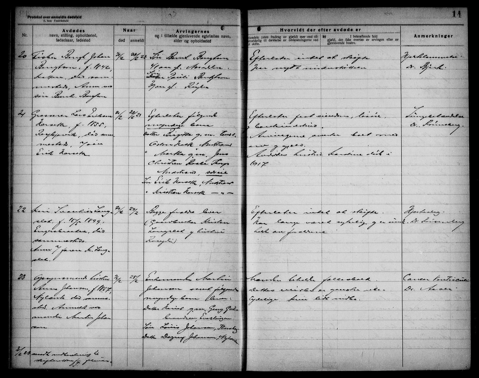 Aker kriminaldommer, skifte- og auksjonsforvalterembete, AV/SAO-A-10452/H/Hb/Hba/Hbad/L0001: Dødsfallsprotokoll for Nordstrand, 1922-1929, p. 14