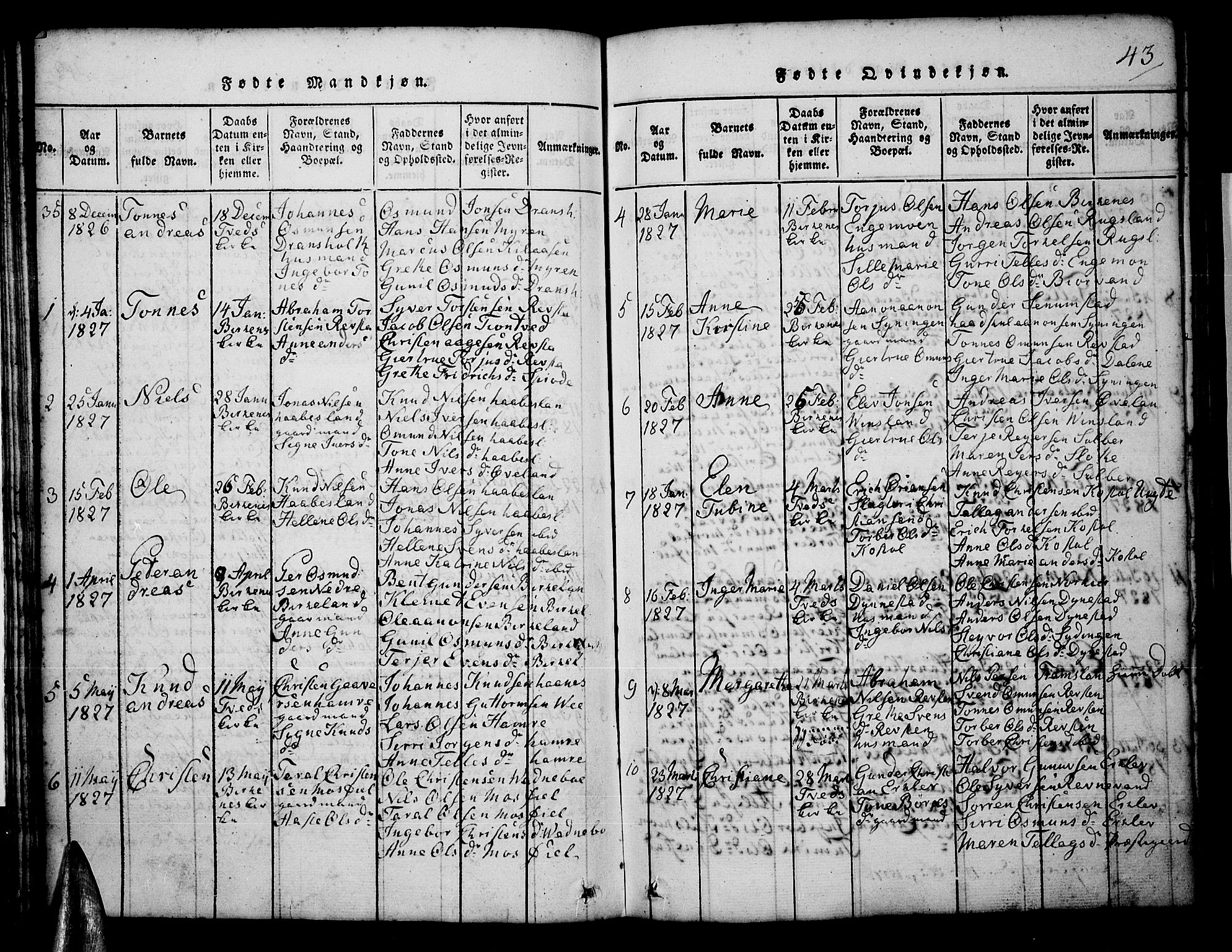 Tveit sokneprestkontor, AV/SAK-1111-0043/F/Fb/L0001: Parish register (copy) no. B 1, 1820-1834, p. 43