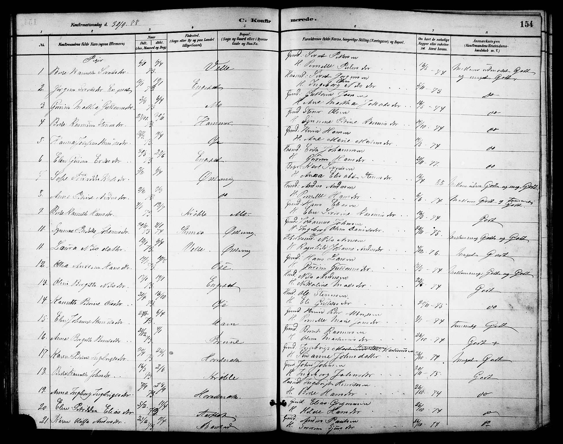 Ministerialprotokoller, klokkerbøker og fødselsregistre - Møre og Romsdal, AV/SAT-A-1454/513/L0189: Parish register (copy) no. 513C03, 1883-1904, p. 154