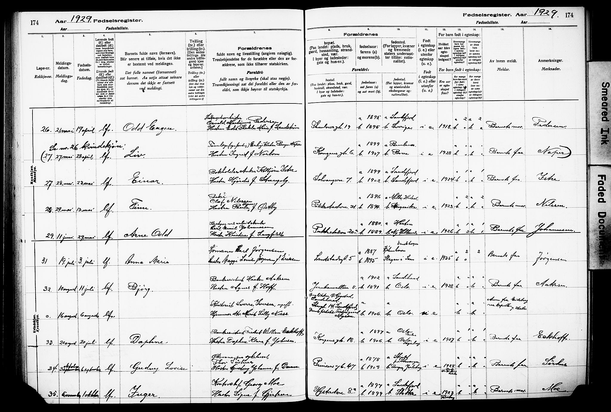 Sandefjord kirkebøker, AV/SAKO-A-315/J/Ja/L0001: Birth register no. 1, 1916-1932, p. 174