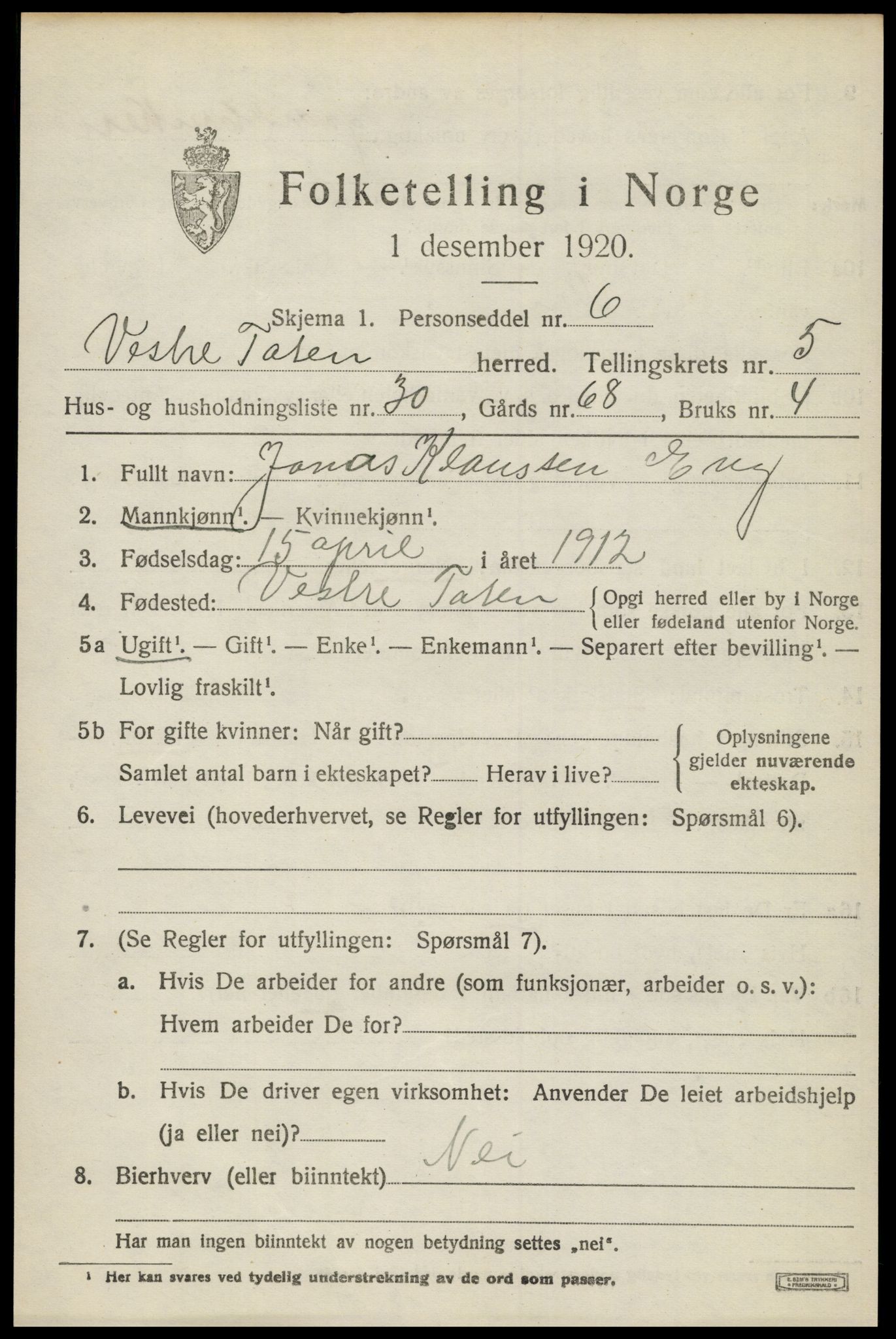 SAH, 1920 census for Vestre Toten, 1920, p. 7686