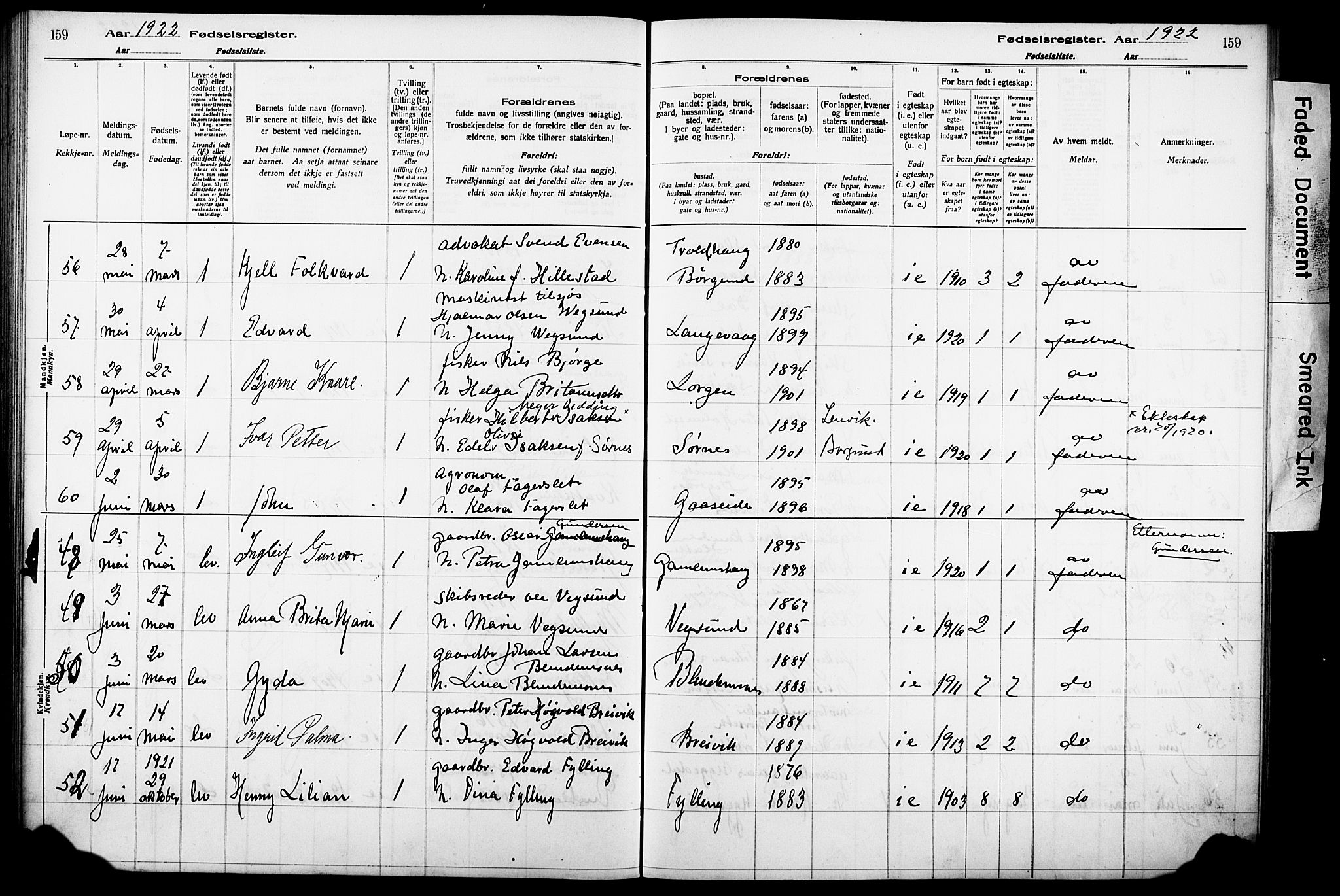 Ministerialprotokoller, klokkerbøker og fødselsregistre - Møre og Romsdal, SAT/A-1454/528/L0442: Birth register no. 528.II.4.1, 1916-1924, p. 159