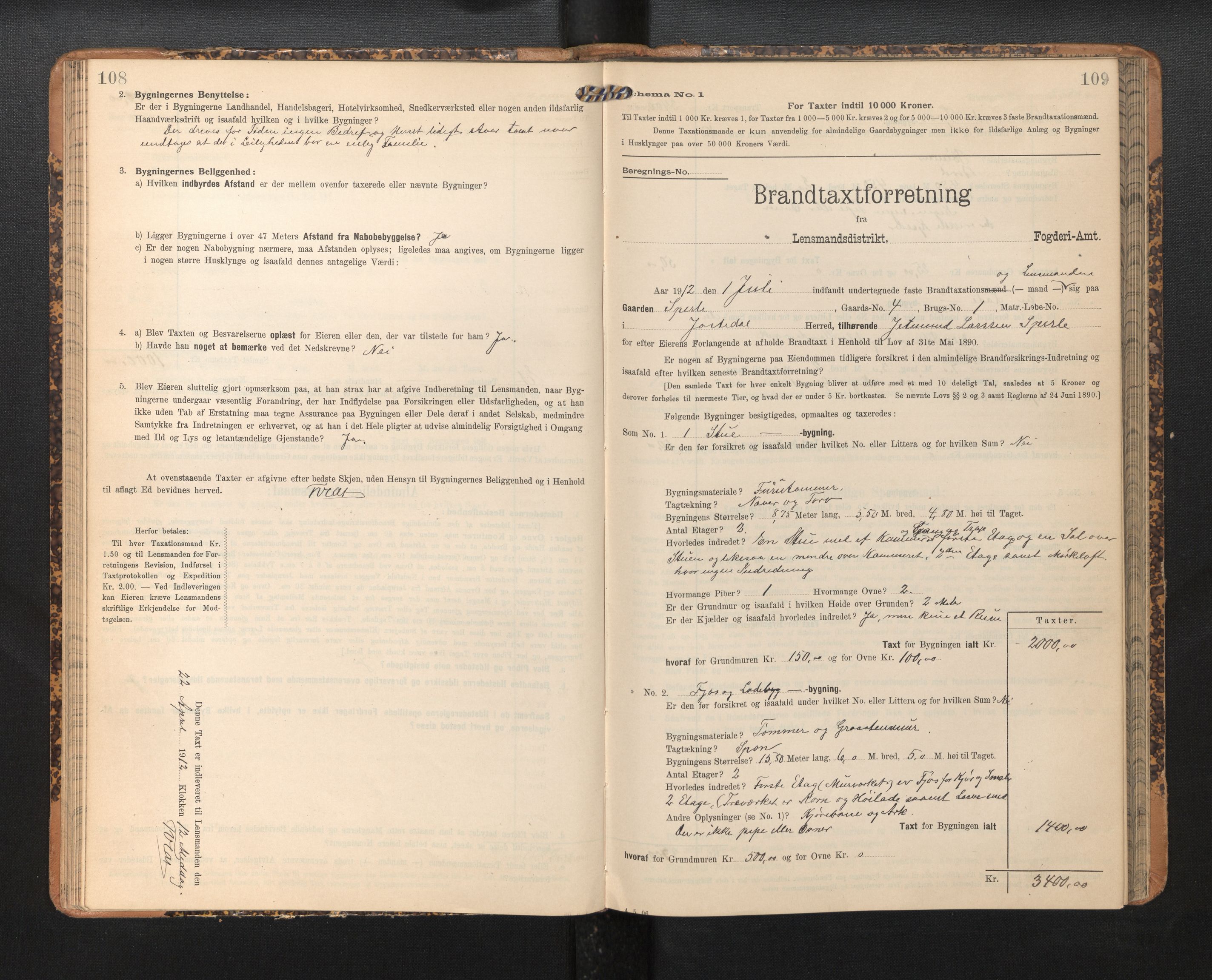 Lensmannen i Jostedal, SAB/A-28601/0012/L0004: Branntakstprotokoll, skjematakst, 1906-1919, p. 108-109