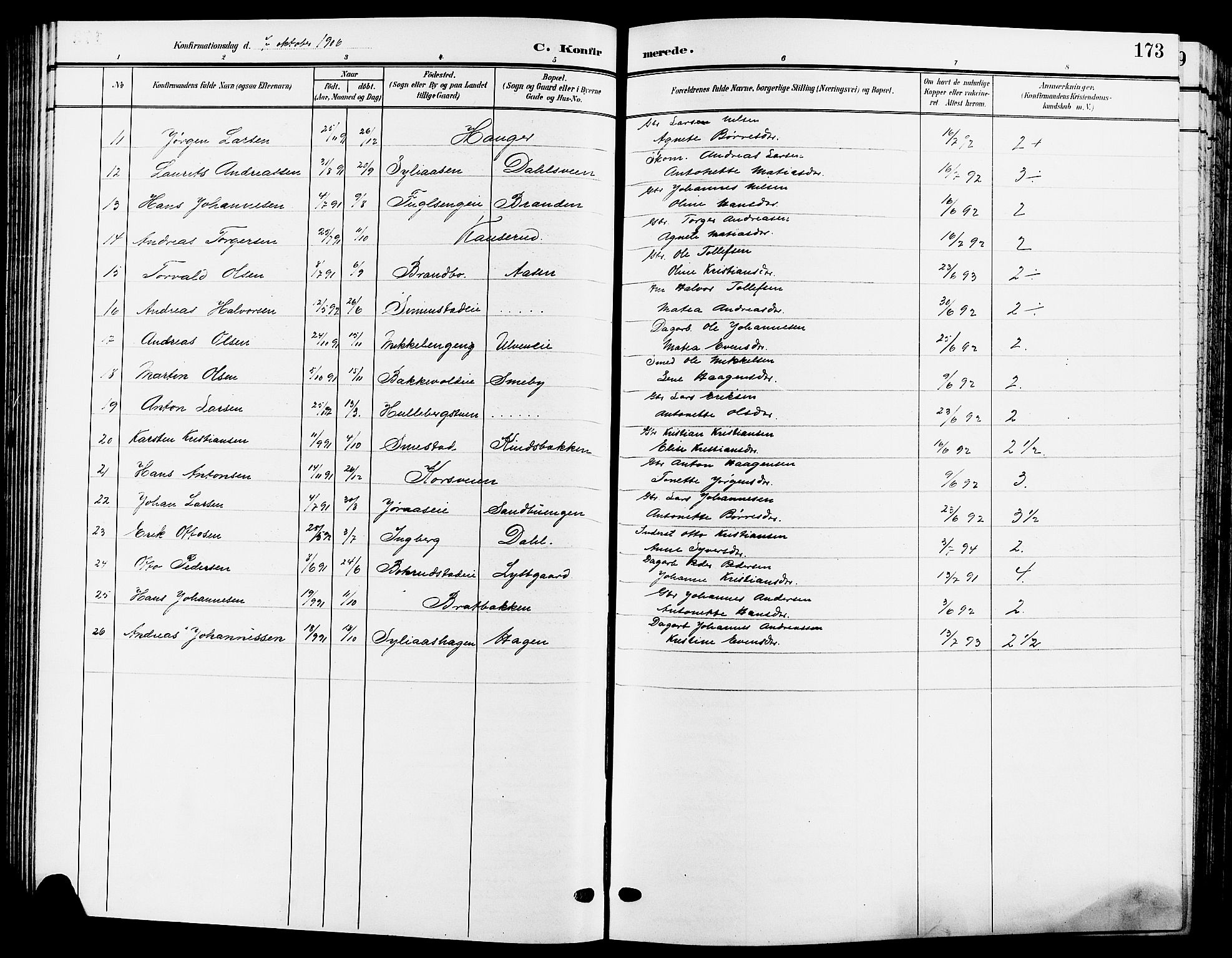 Ringsaker prestekontor, AV/SAH-PREST-014/L/La/L0015: Parish register (copy) no. 15, 1903-1912, p. 173