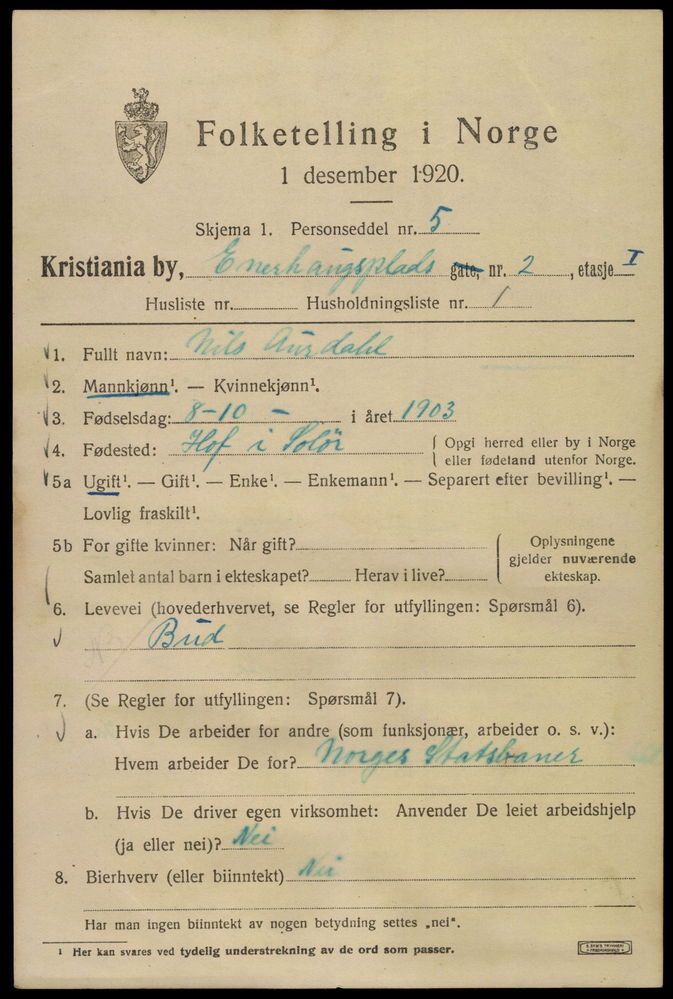 SAO, 1920 census for Kristiania, 1920, p. 218073