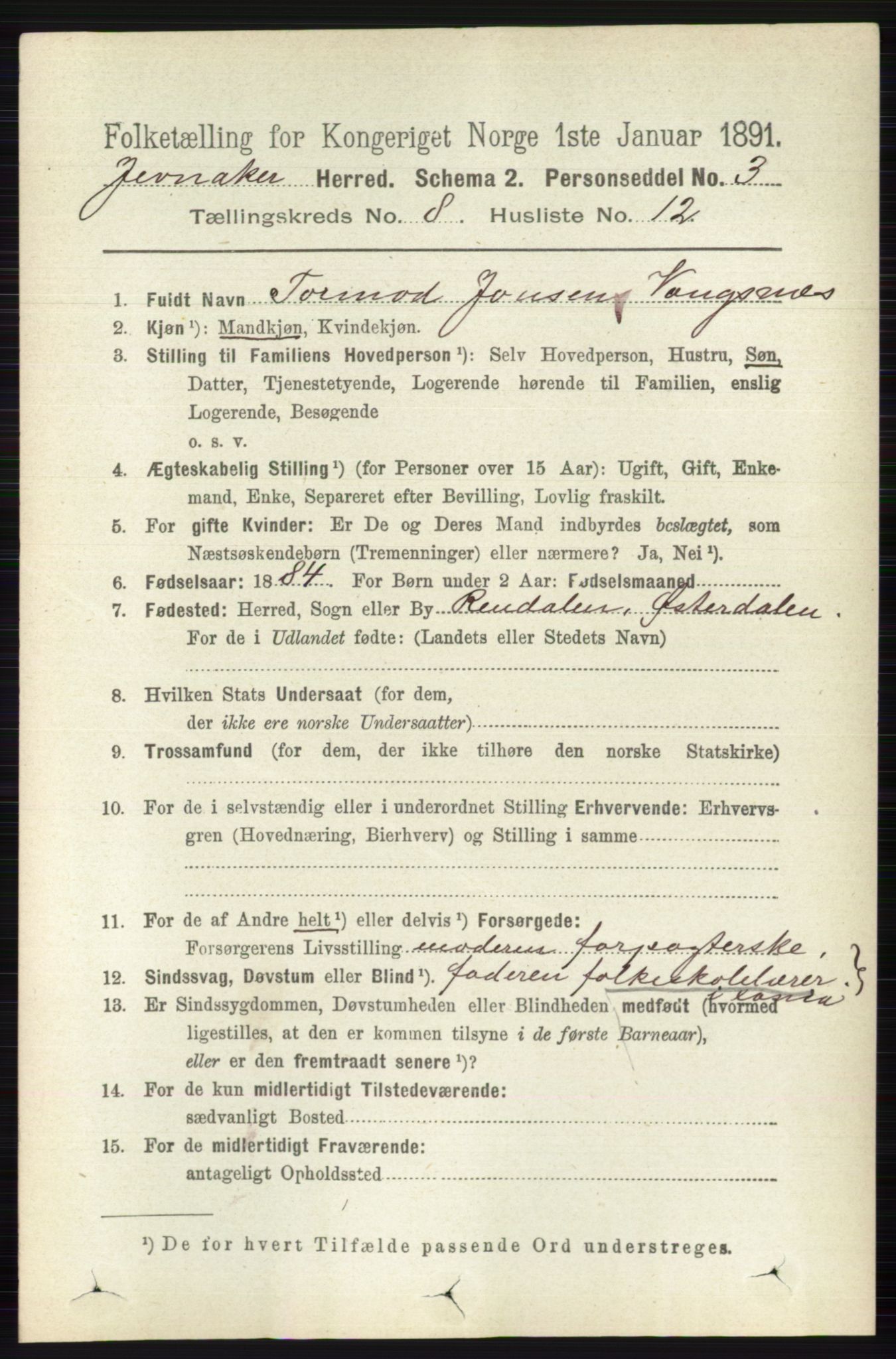 RA, 1891 census for 0532 Jevnaker, 1891, p. 4403