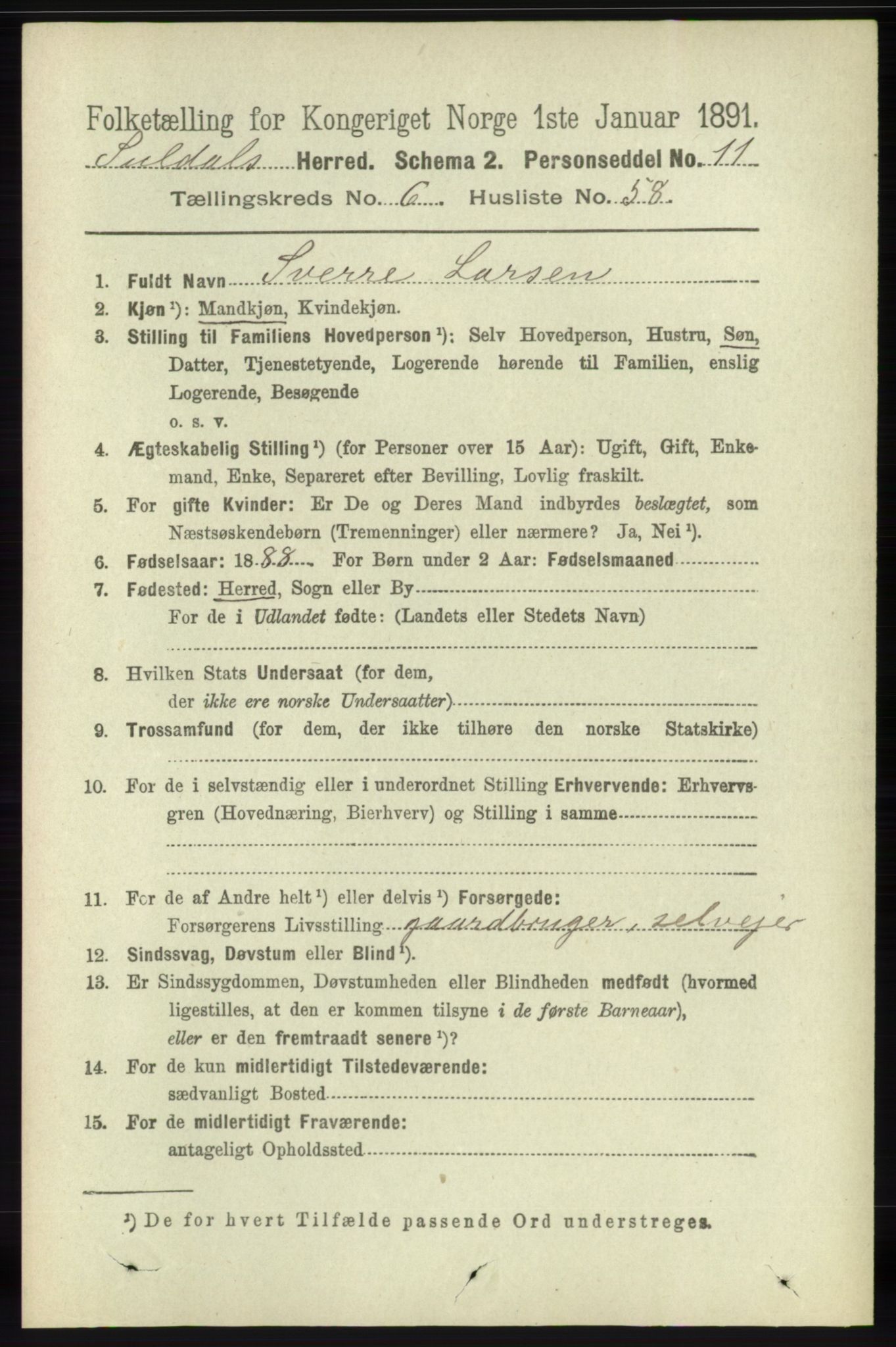 RA, 1891 census for 1134 Suldal, 1891, p. 1929