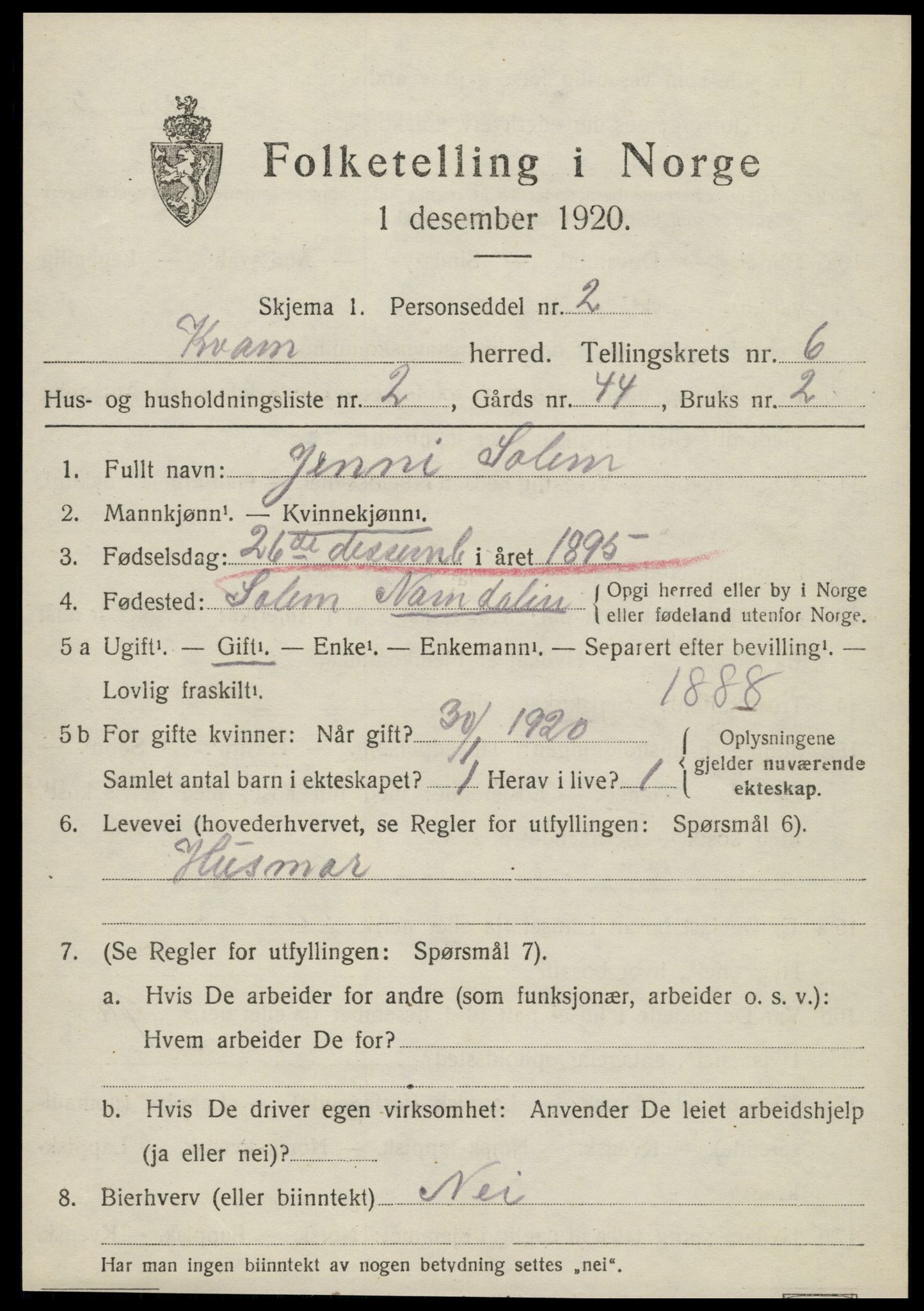 SAT, 1920 census for Kvam, 1920, p. 1599