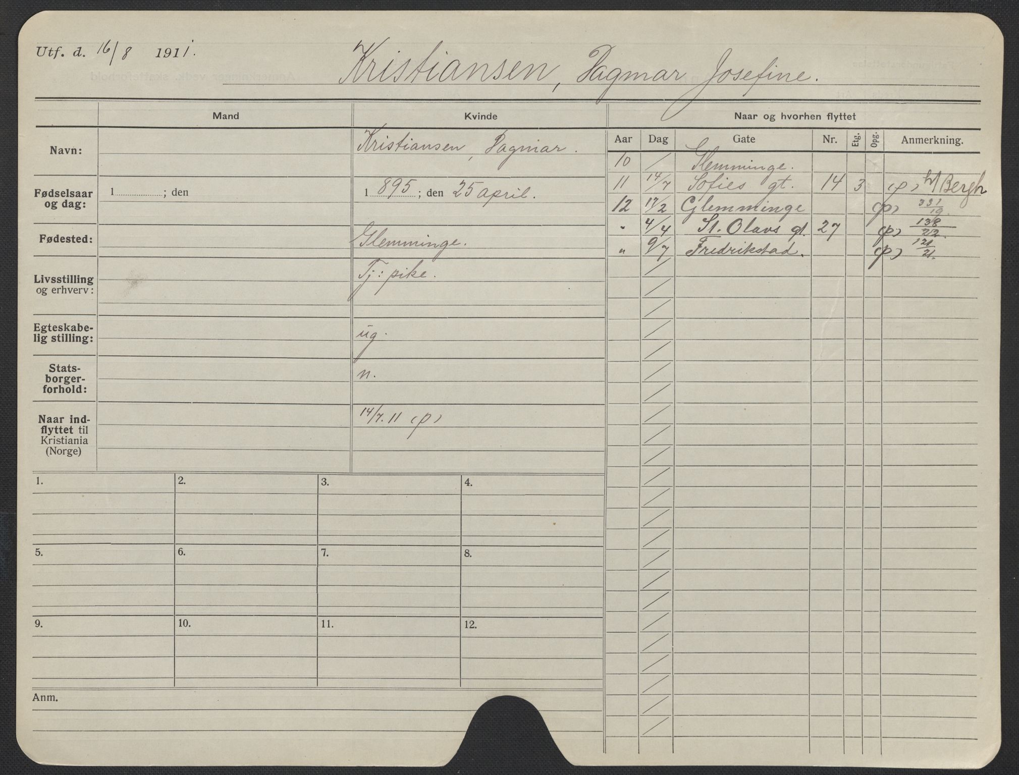 Oslo folkeregister, Registerkort, AV/SAO-A-11715/F/Fa/Fac/L0019: Kvinner, 1906-1914, p. 254a