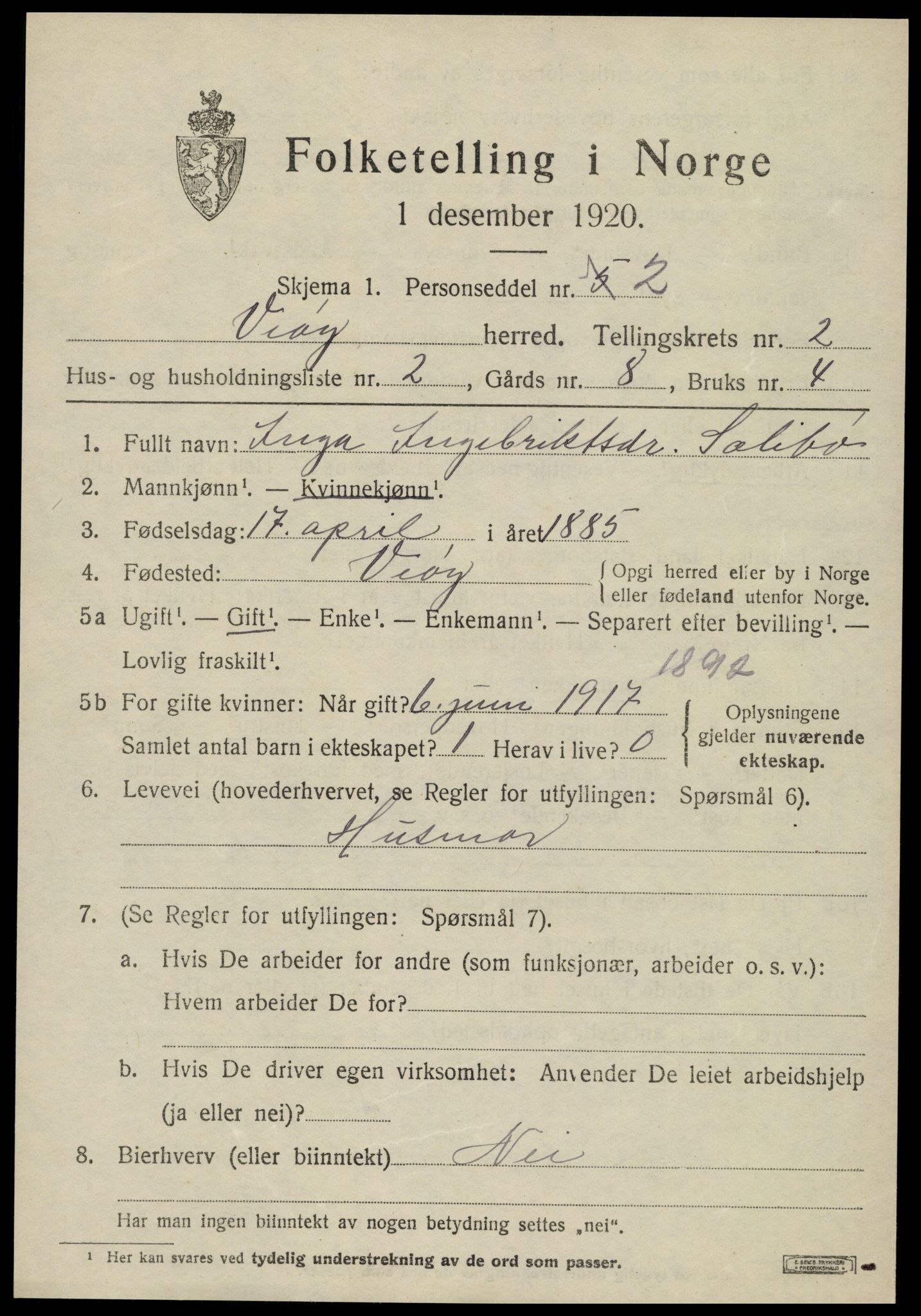 SAT, 1920 census for Veøy, 1920, p. 1265