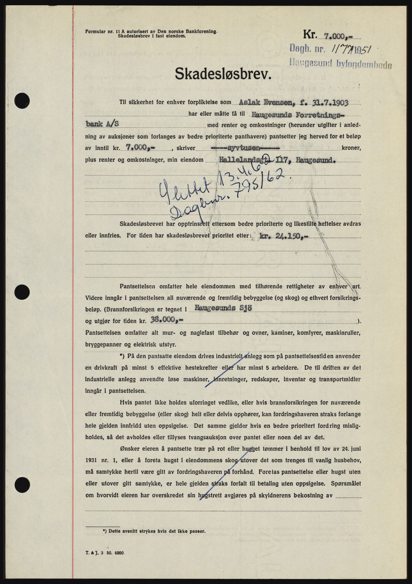 Haugesund tingrett, AV/SAST-A-101415/01/II/IIC/L0038: Mortgage book no. B 38, 1950-1951, Diary no: : 1177/1951