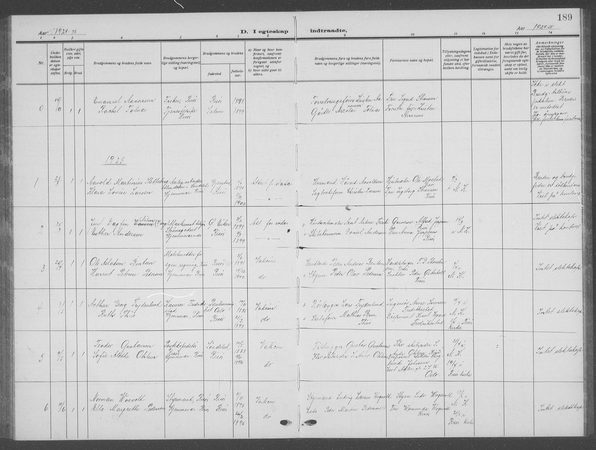 Risør sokneprestkontor, AV/SAK-1111-0035/F/Fb/L0009: Parish register (copy) no. B 9, 1922-1939, p. 189