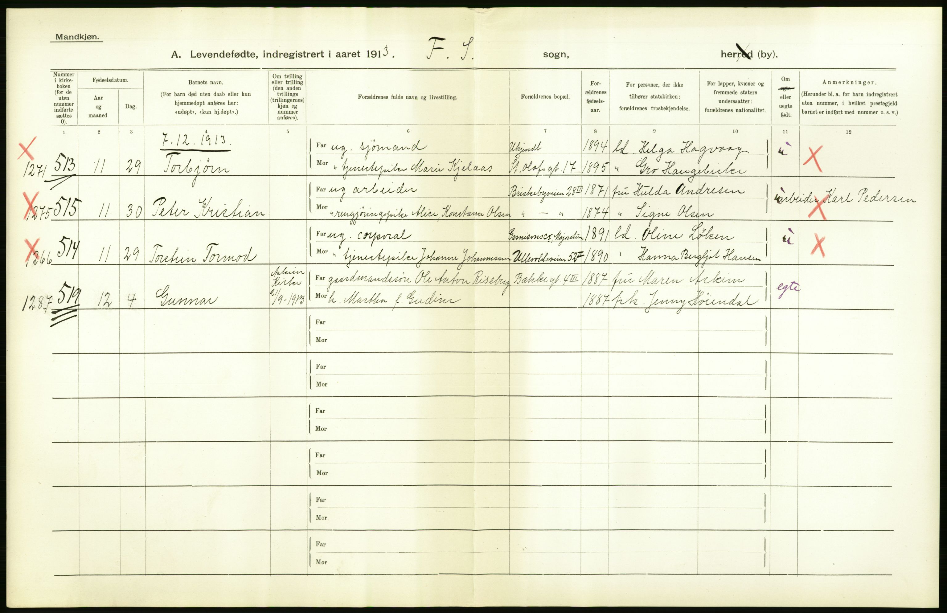 Statistisk sentralbyrå, Sosiodemografiske emner, Befolkning, AV/RA-S-2228/D/Df/Dfb/Dfbc/L0007: Kristiania: Levendefødte menn og kvinner., 1913, p. 12