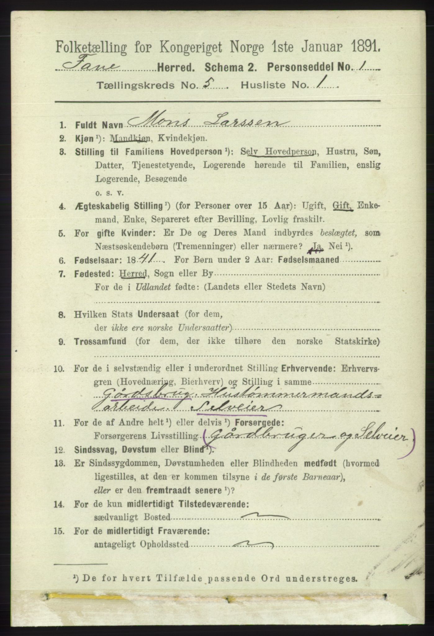 RA, 1891 census for 1249 Fana, 1891, p. 2047