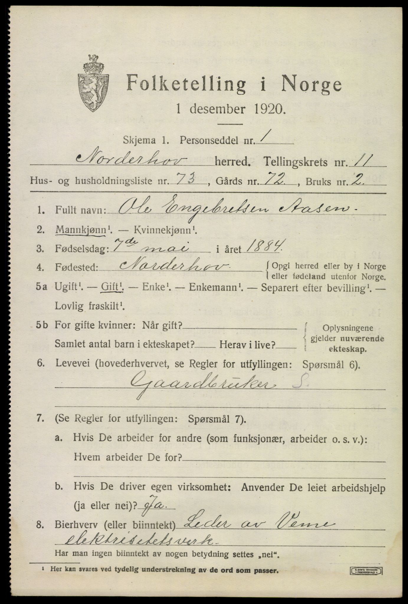 SAKO, 1920 census for Norderhov, 1920, p. 13608