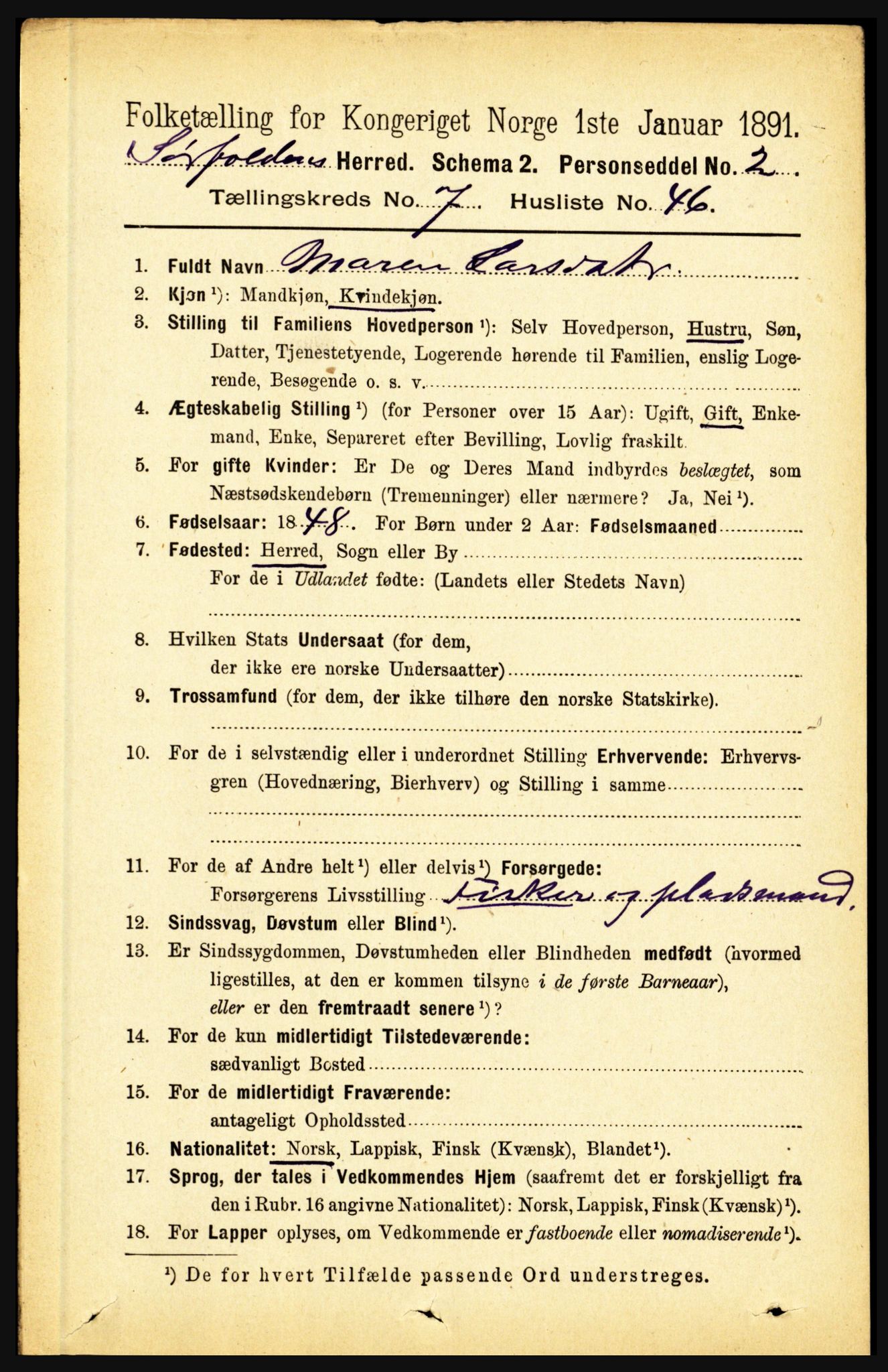 RA, 1891 census for 1845 Sørfold, 1891, p. 2518