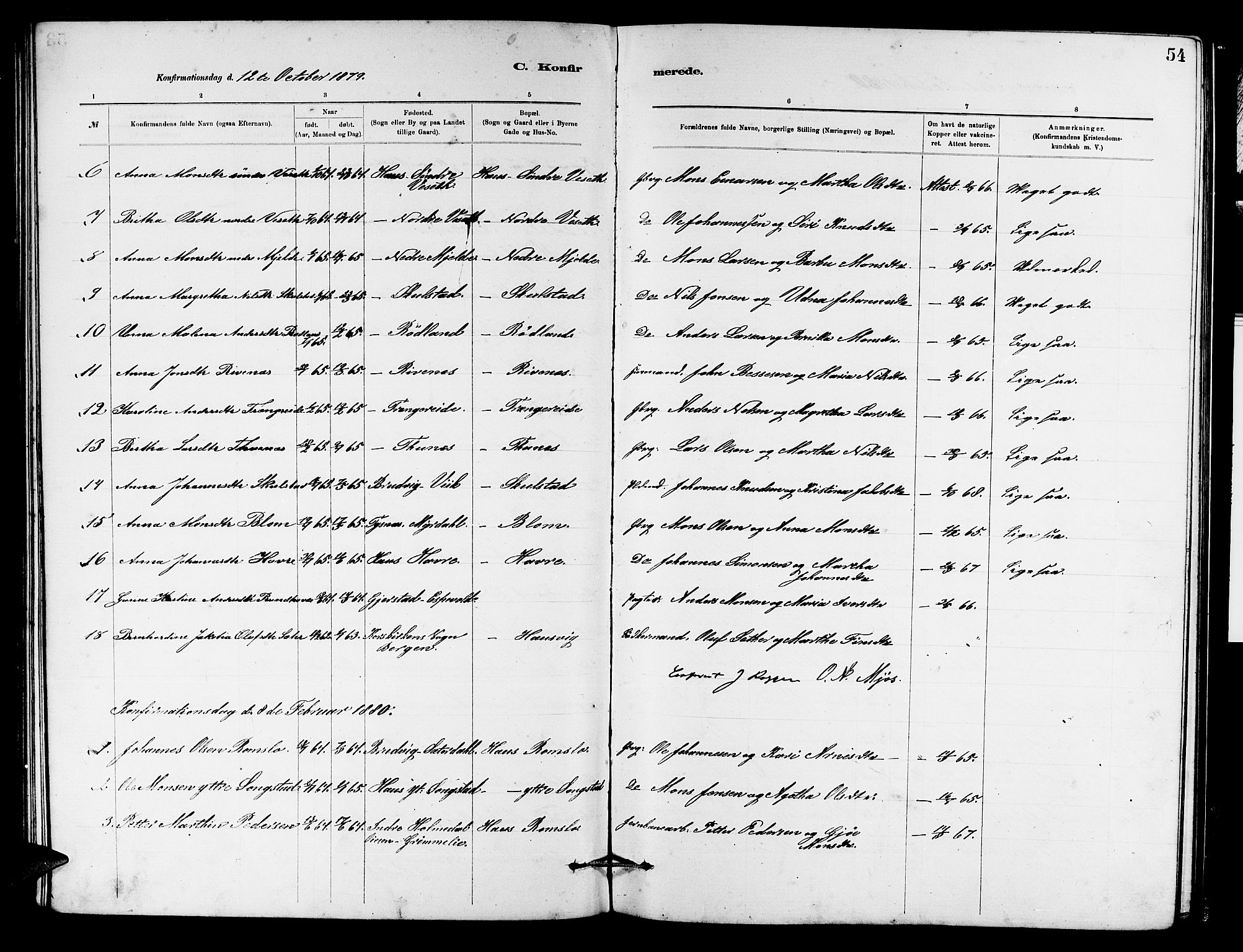 Haus sokneprestembete, AV/SAB-A-75601/H/Hab: Parish register (copy) no. B 2, 1878-1884, p. 54