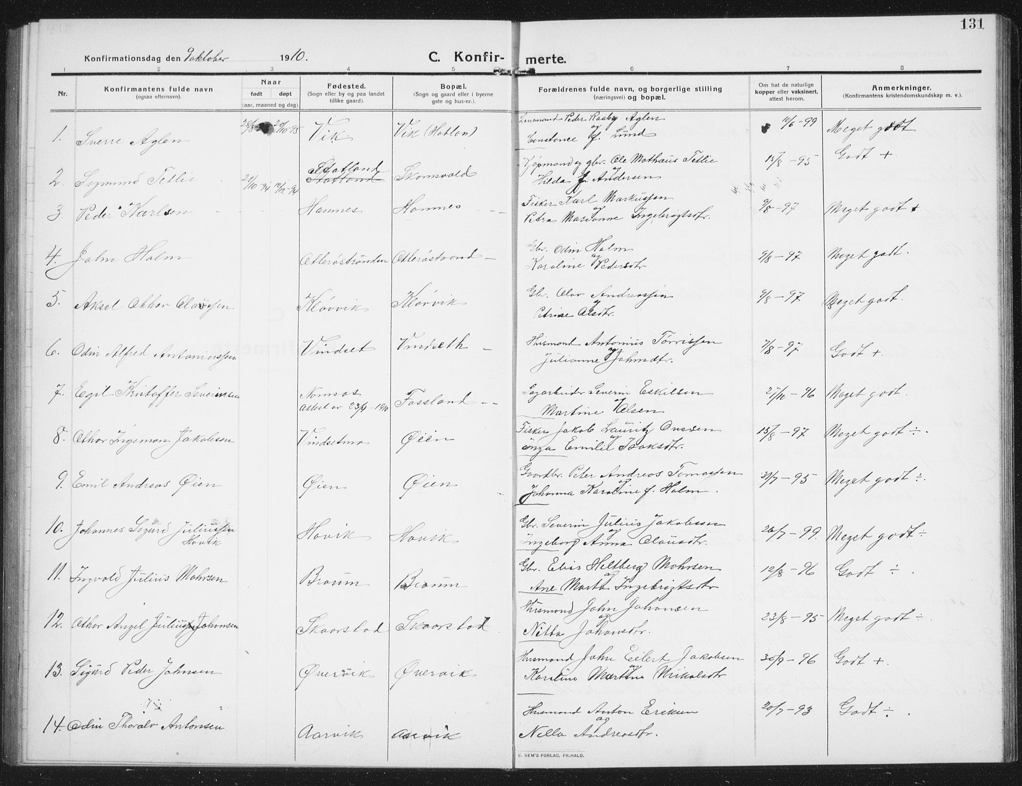 Ministerialprotokoller, klokkerbøker og fødselsregistre - Nord-Trøndelag, SAT/A-1458/774/L0630: Parish register (copy) no. 774C01, 1910-1934, p. 131