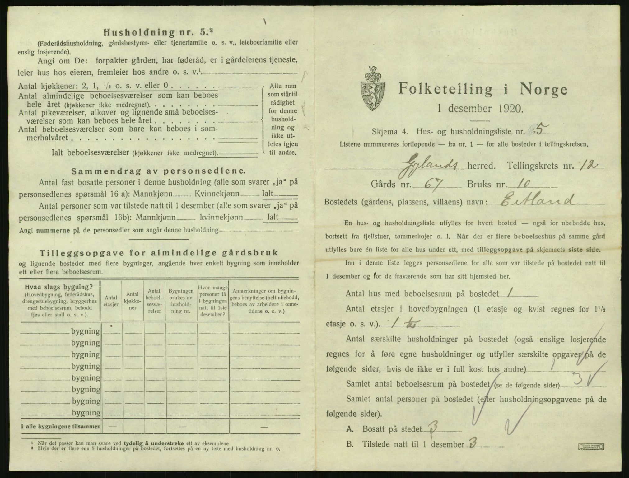 SAK, 1920 census for Gyland, 1920, p. 450