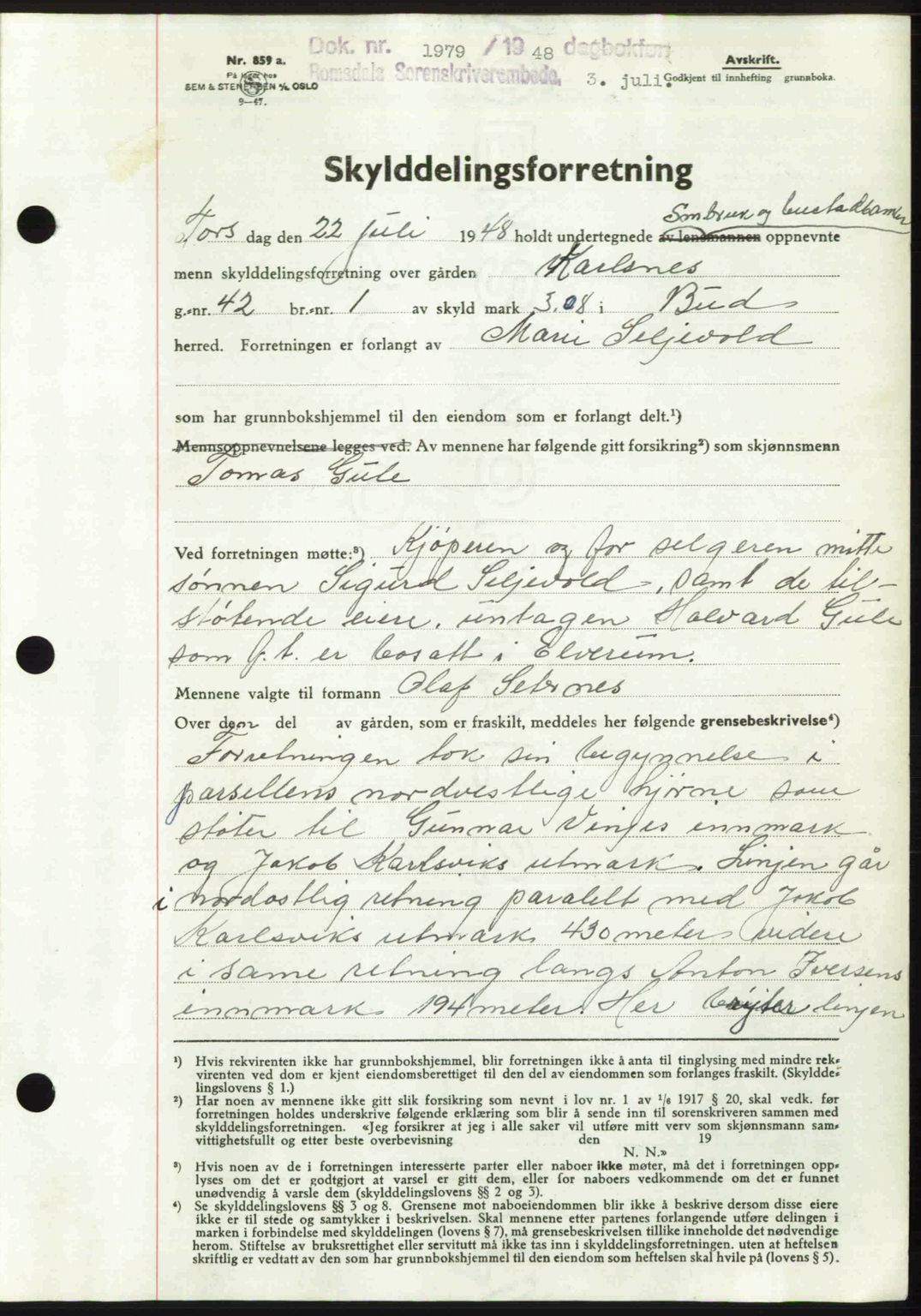 Romsdal sorenskriveri, AV/SAT-A-4149/1/2/2C: Mortgage book no. A26, 1948-1948, Diary no: : 1979/1948