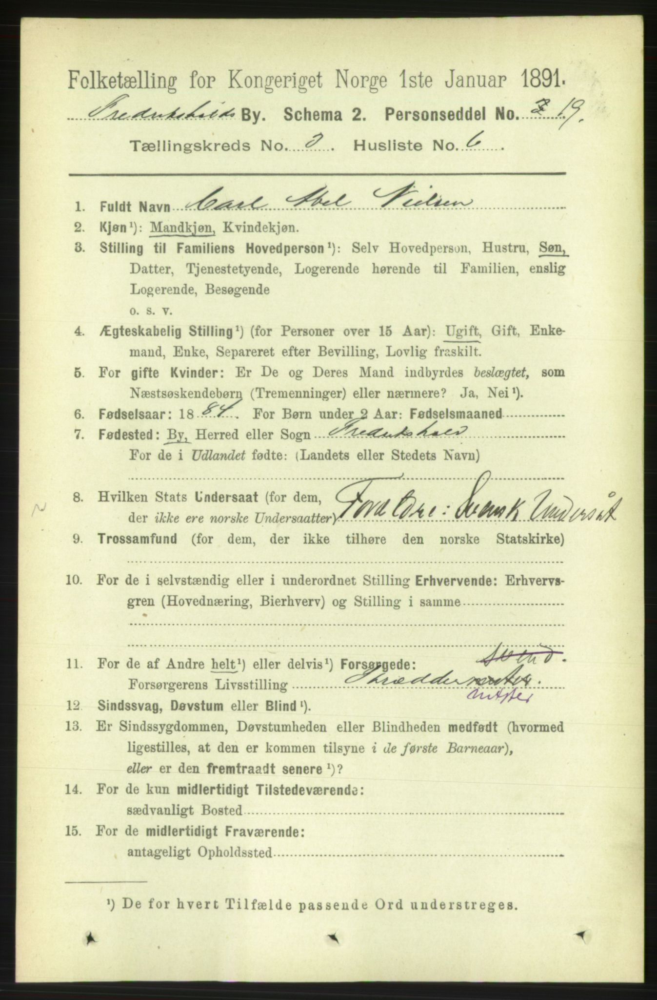 RA, 1891 census for 0101 Fredrikshald, 1891, p. 3327