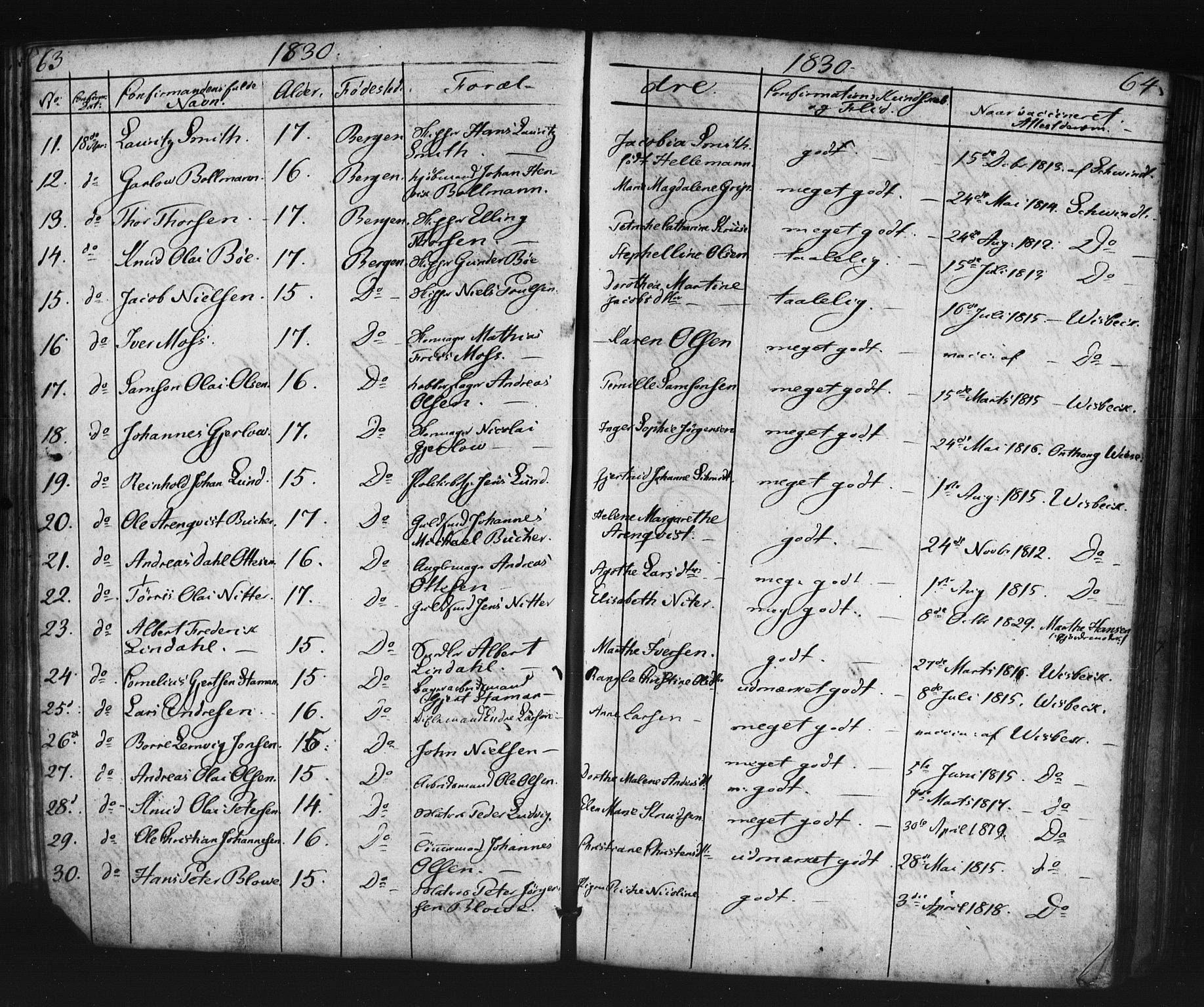 Domkirken sokneprestembete, SAB/A-74801/H/Haa/L0063: Curate's parish register no. A 1, 1821-1848, p. 63-64