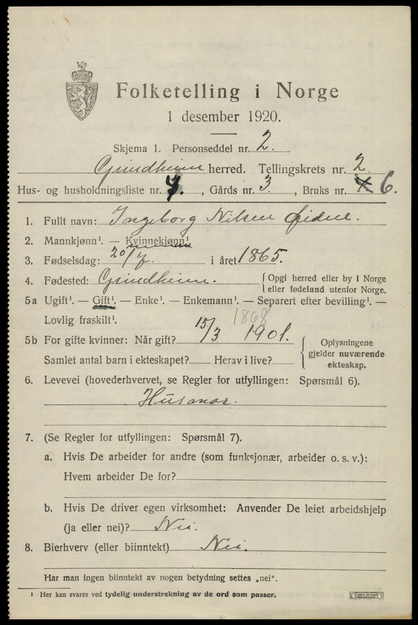 SAK, 1920 census for Grindheim, 1920, p. 587