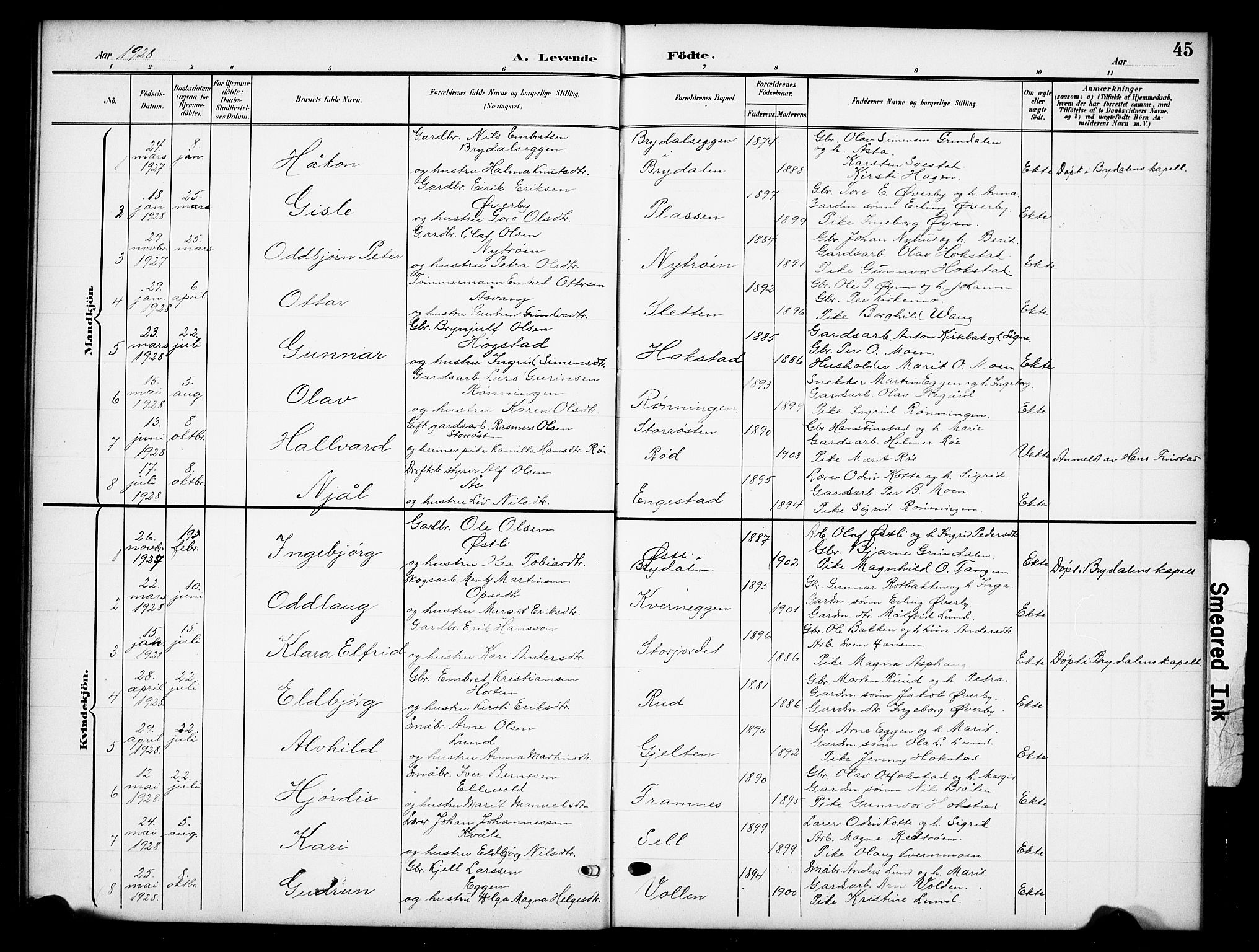 Tynset prestekontor, SAH/PREST-058/H/Ha/Hab/L0010: Parish register (copy) no. 10, 1902-1929, p. 45