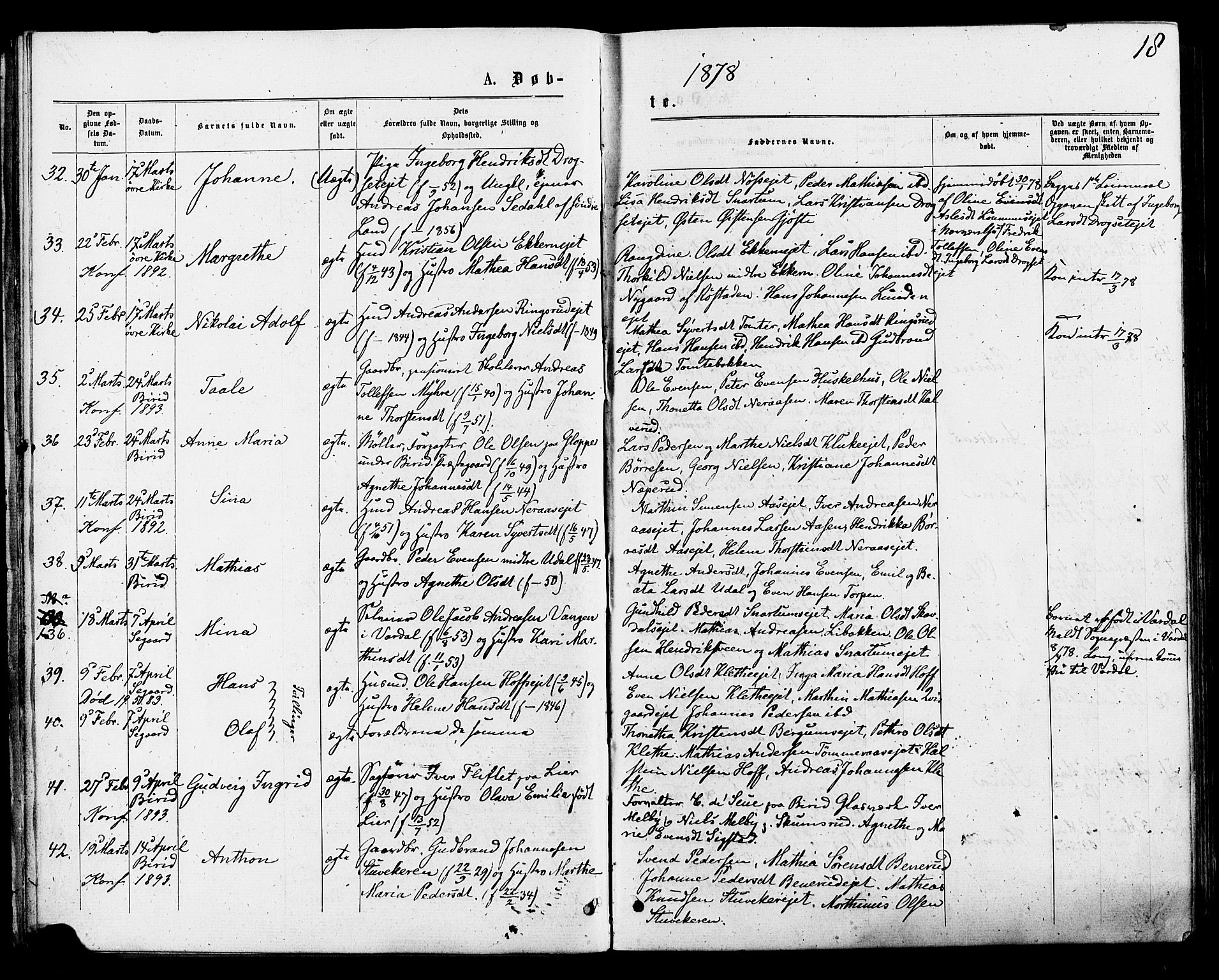 Biri prestekontor, AV/SAH-PREST-096/H/Ha/Haa/L0006: Parish register (official) no. 6, 1877-1886, p. 18