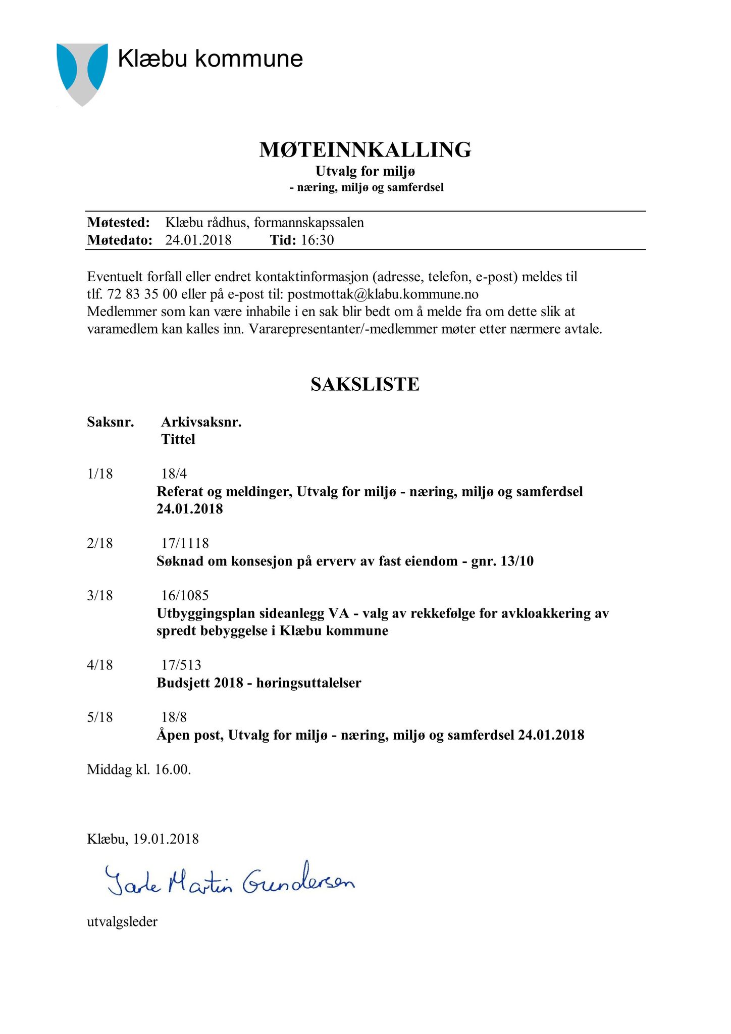 Klæbu Kommune, TRKO/KK/06-UM/L005: Utvalg for miljø - Møtedokumenter 2018, 2018, p. 2