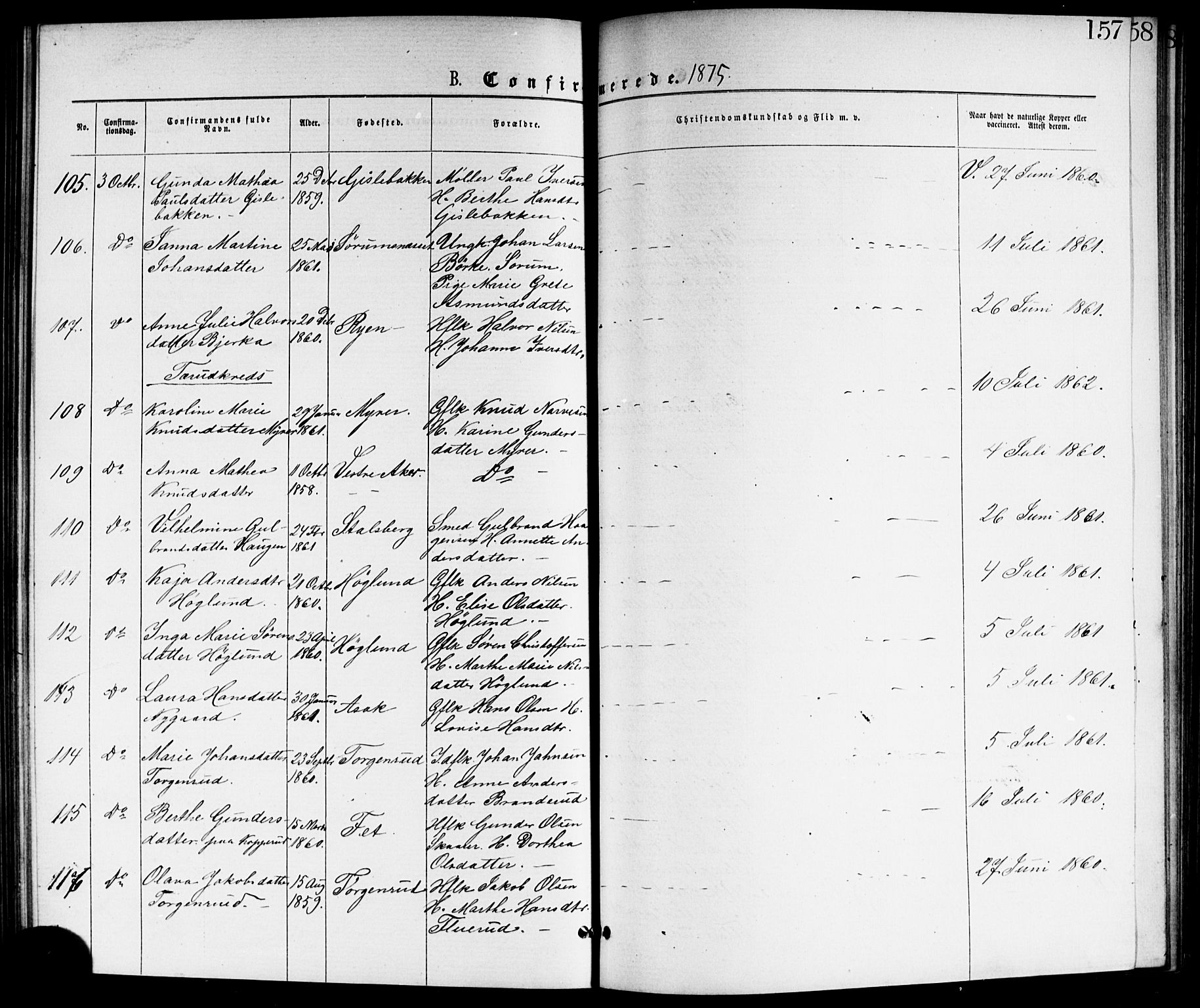 Skedsmo prestekontor Kirkebøker, AV/SAO-A-10033a/G/Ga/L0003: Parish register (copy) no. I 3, 1873-1882, p. 157