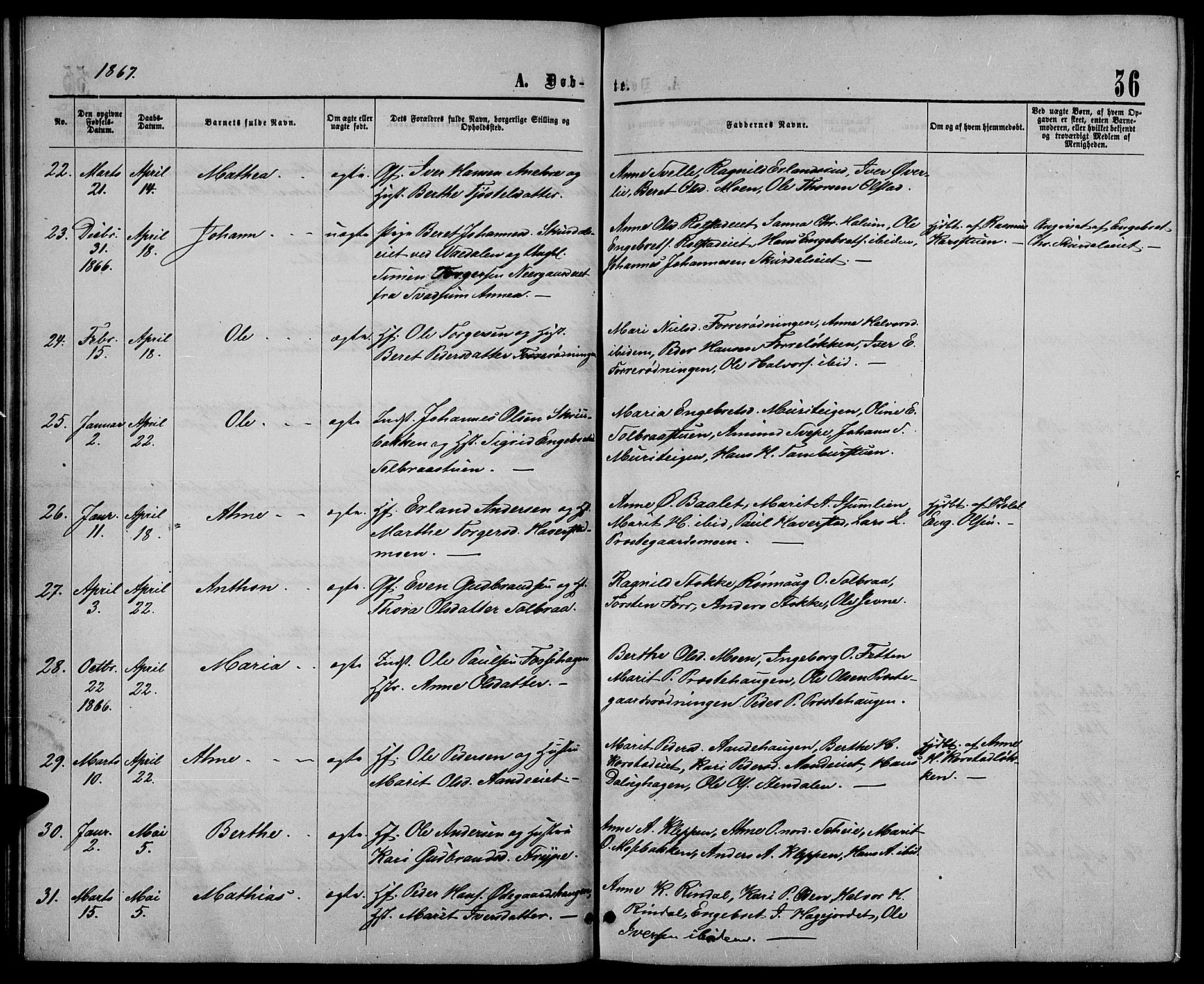 Sør-Fron prestekontor, SAH/PREST-010/H/Ha/Hab/L0002: Parish register (copy) no. 2, 1864-1883, p. 36