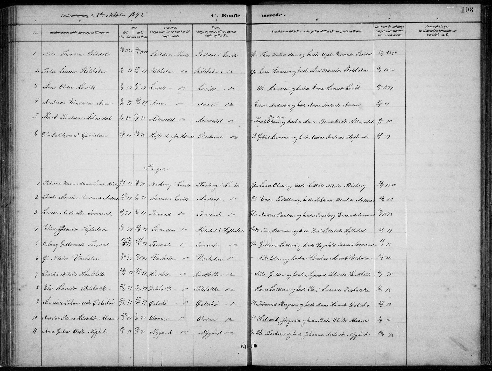 Lavik sokneprestembete, SAB/A-80901: Parish register (copy) no. A 2, 1882-1910, p. 103