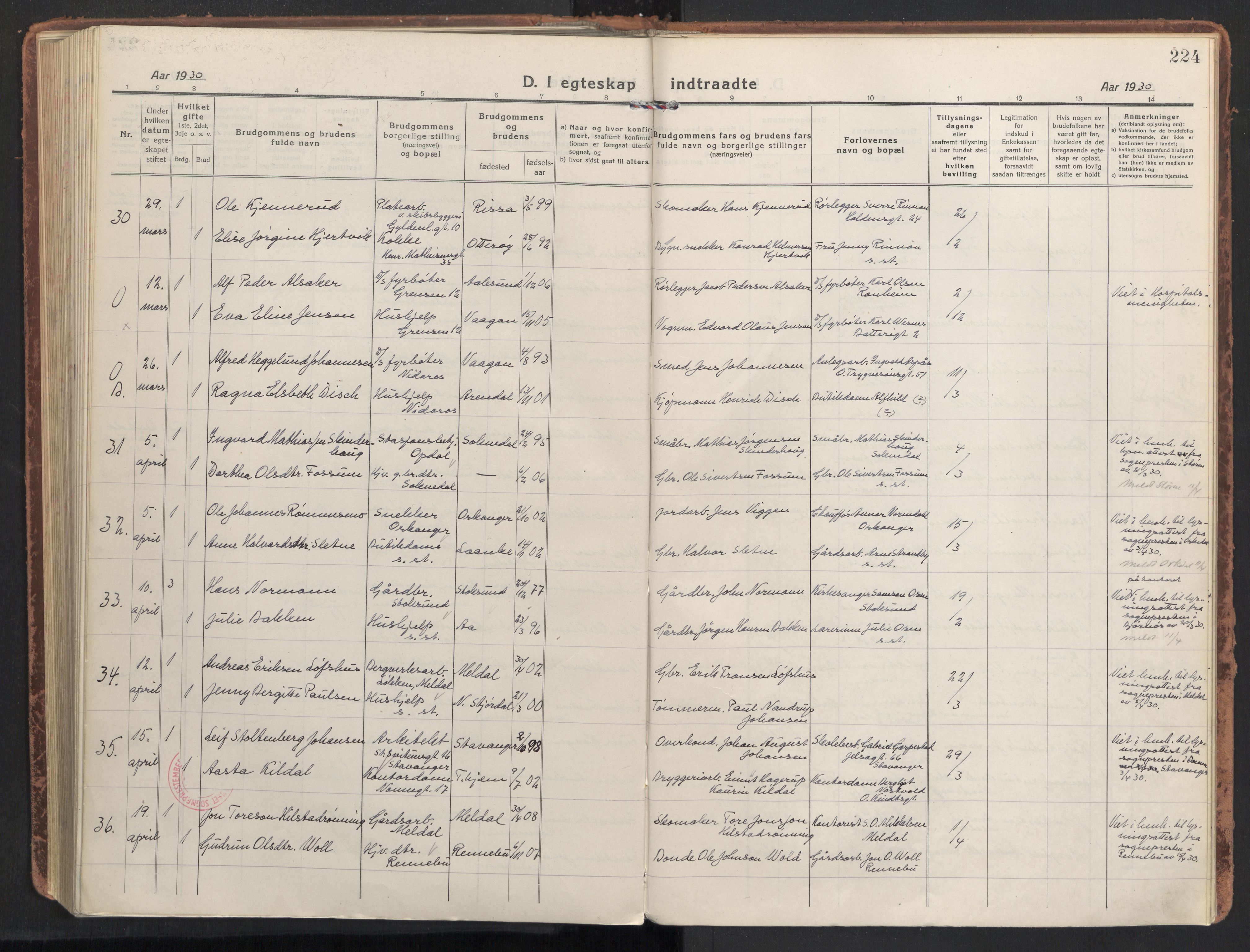 Ministerialprotokoller, klokkerbøker og fødselsregistre - Sør-Trøndelag, AV/SAT-A-1456/604/L0206: Parish register (official) no. 604A26, 1917-1931, p. 224