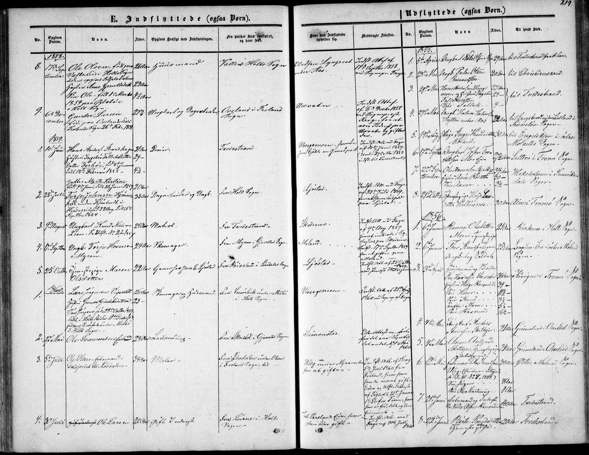 Gjerstad sokneprestkontor, AV/SAK-1111-0014/F/Fa/Fab/L0003: Parish register (official) no. A 3, 1853-1878, p. 219