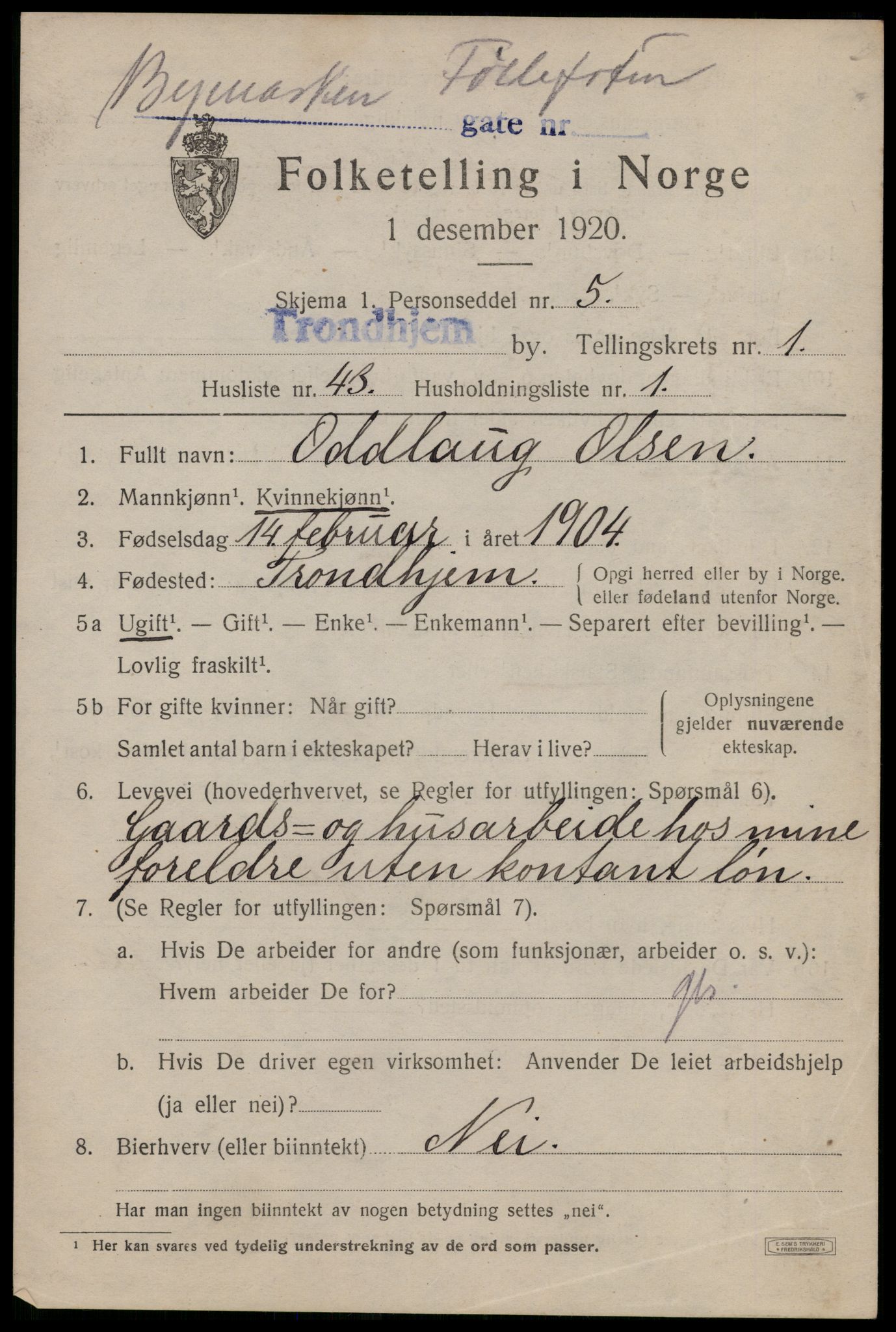 SAT, 1920 census for Trondheim, 1920, p. 33356