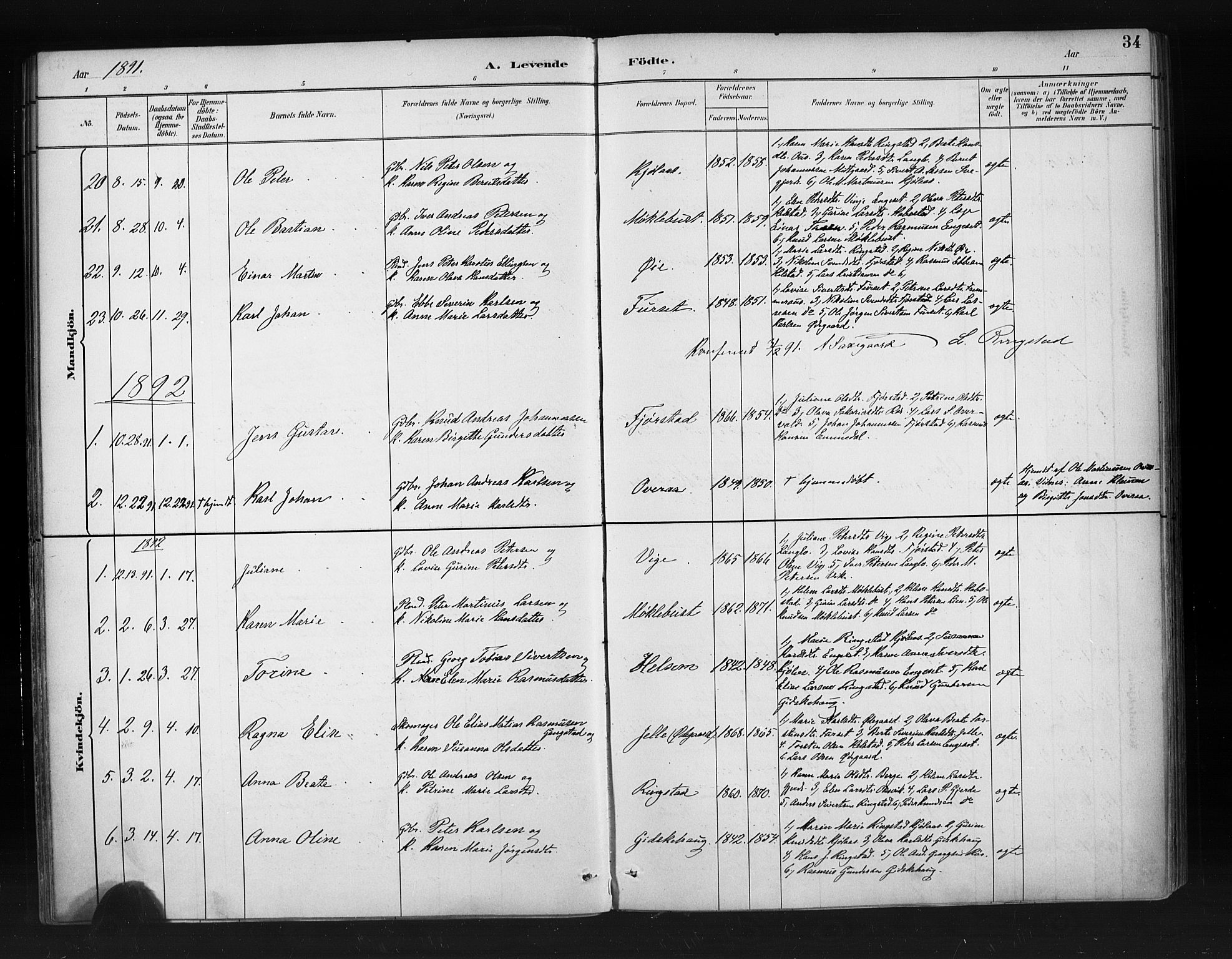 Ministerialprotokoller, klokkerbøker og fødselsregistre - Møre og Romsdal, AV/SAT-A-1454/520/L0283: Parish register (official) no. 520A12, 1882-1898, p. 34
