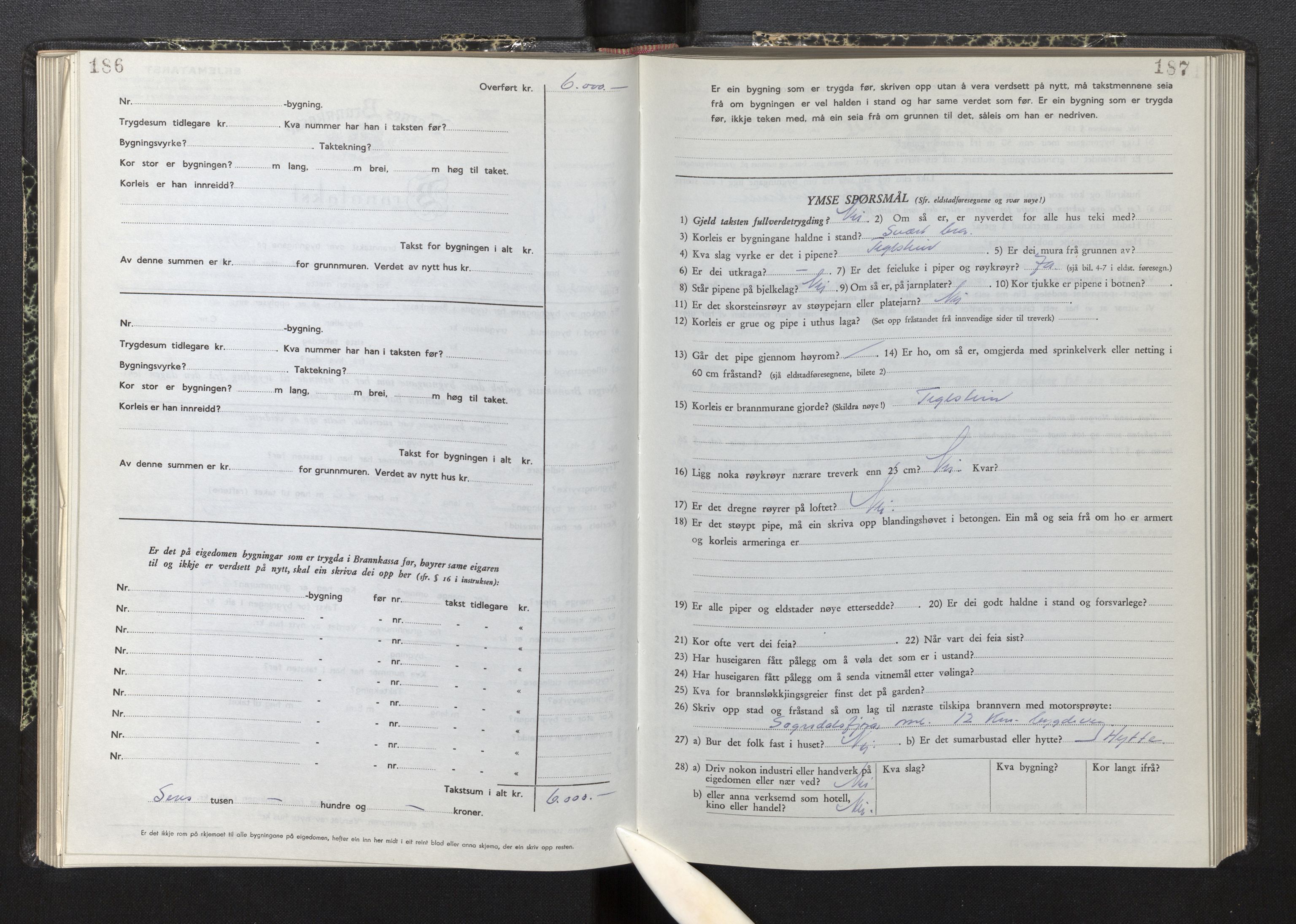 Lensmannen i Sogndal, AV/SAB-A-29901/0012/L0015: Branntakstprotokoll, skjematakst, 1950-1955, p. 186-187