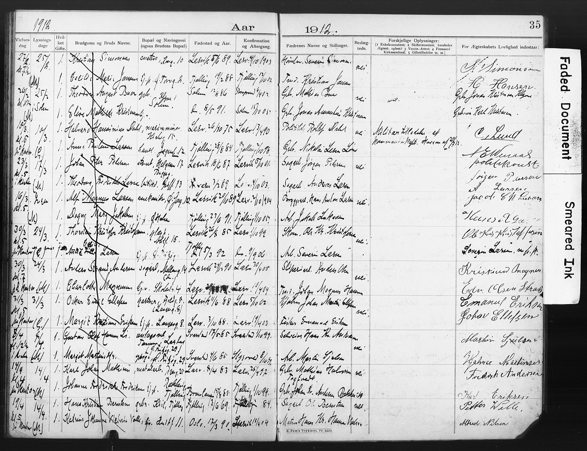 Larvik kirkebøker, AV/SAKO-A-352/H/Ha/L0003: Banns register no. 3, 1907-1918, p. 35