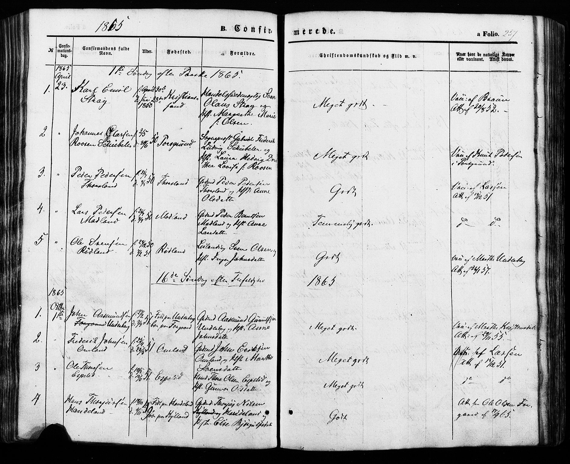Åseral sokneprestkontor, SAK/1111-0051/F/Fa/L0002: Parish register (official) no. A 2, 1854-1884, p. 257