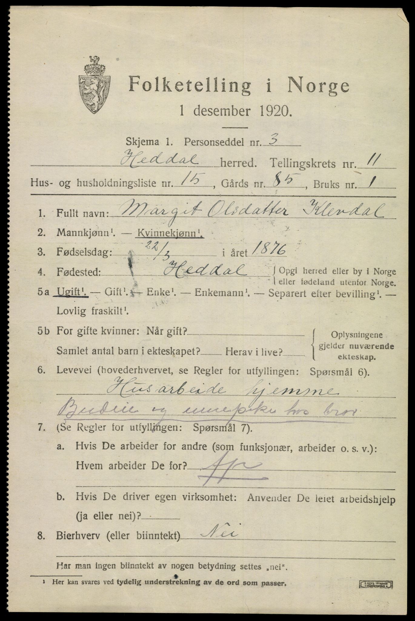 SAKO, 1920 census for Heddal, 1920, p. 7914