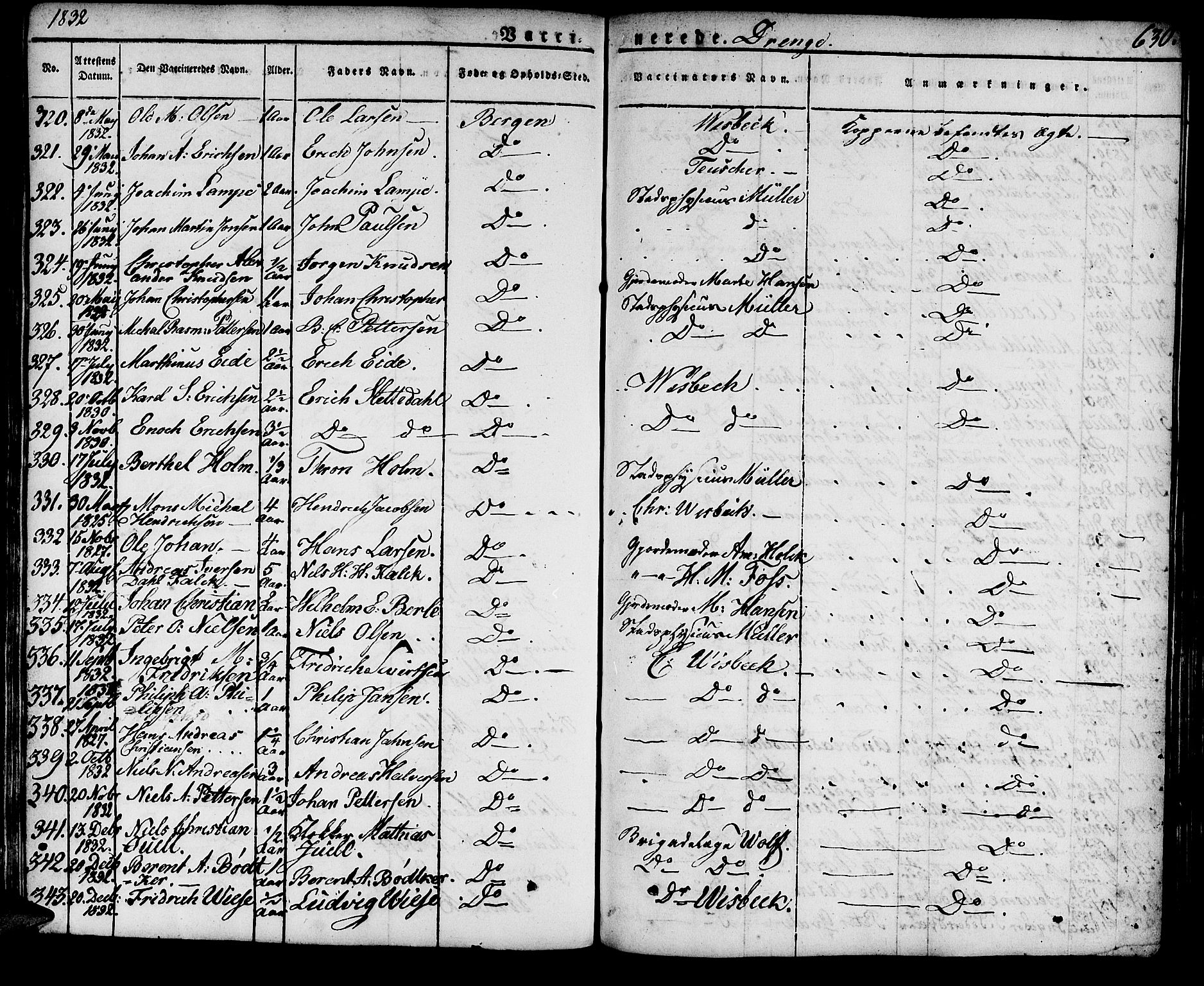 Domkirken sokneprestembete, SAB/A-74801/H/Haa/L0012: Parish register (official) no. A 12, 1821-1840, p. 630