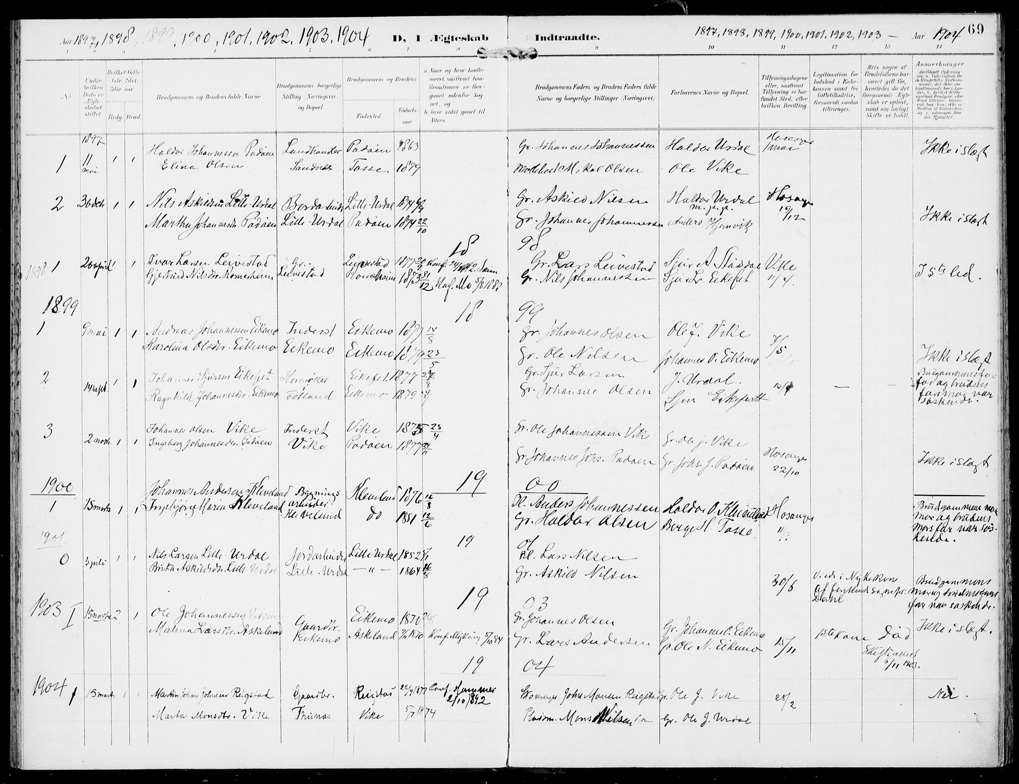 Hosanger sokneprestembete, SAB/A-75801/H/Haa: Parish register (official) no. D  1, 1896-1922, p. 69