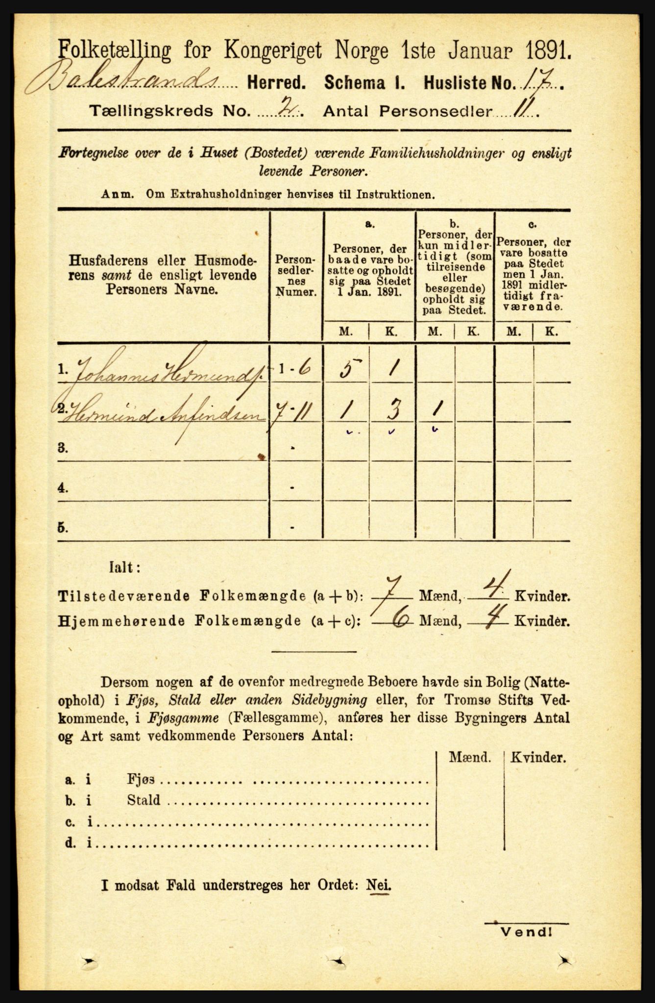 RA, 1891 census for 1418 Balestrand, 1891, p. 238