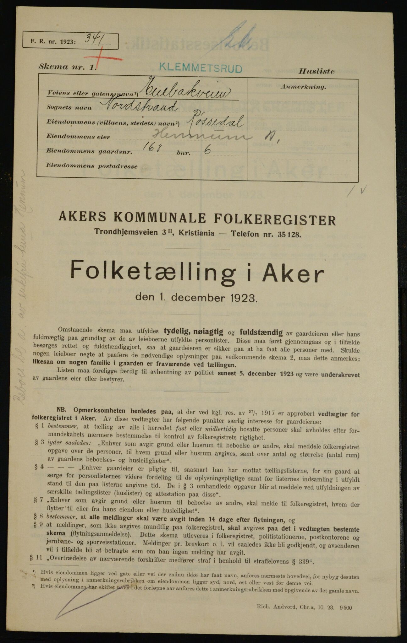 , Municipal Census 1923 for Aker, 1923, p. 38682