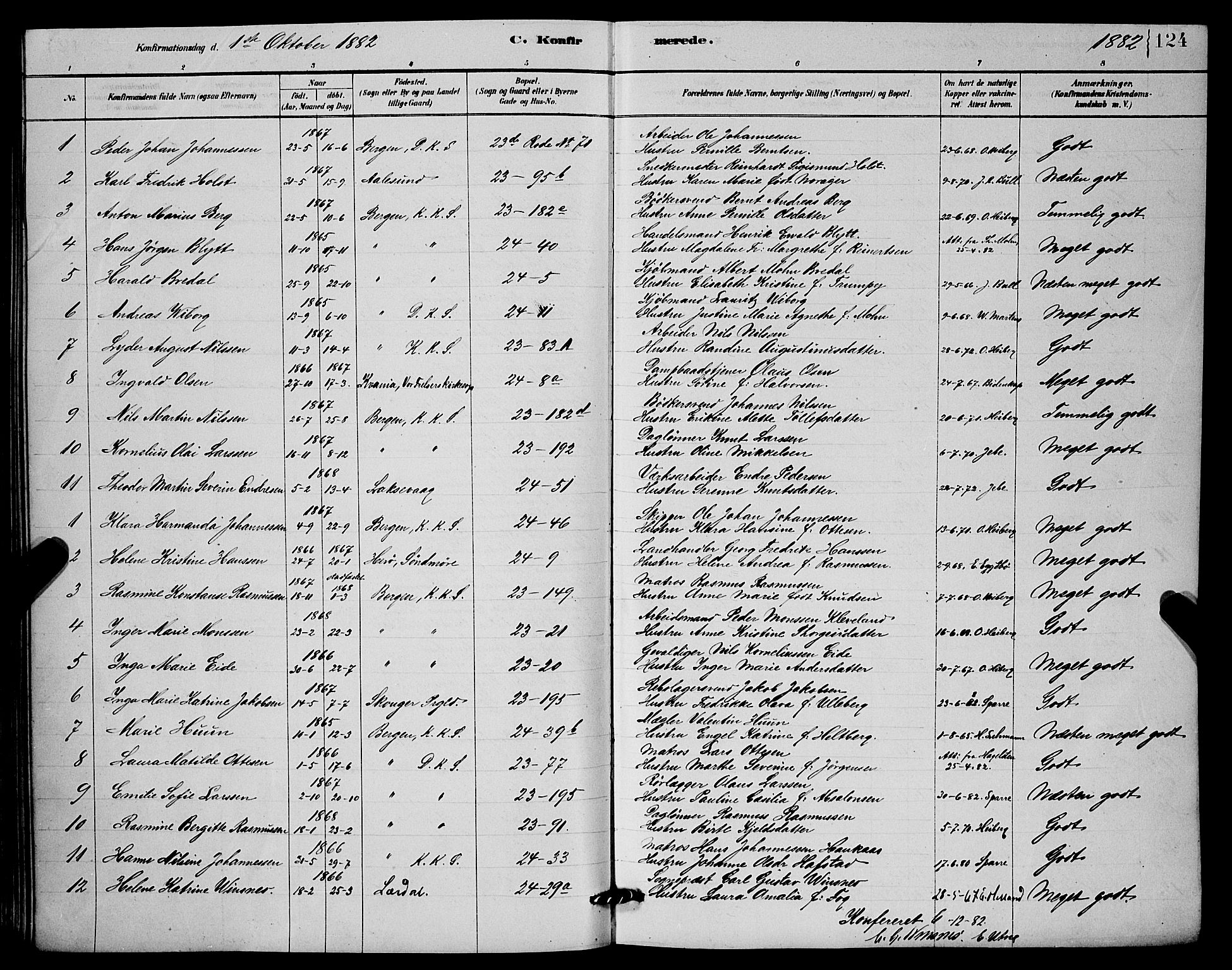 Mariakirken Sokneprestembete, AV/SAB-A-76901/H/Hab/L0004: Parish register (copy) no. A 4, 1878-1892, p. 124